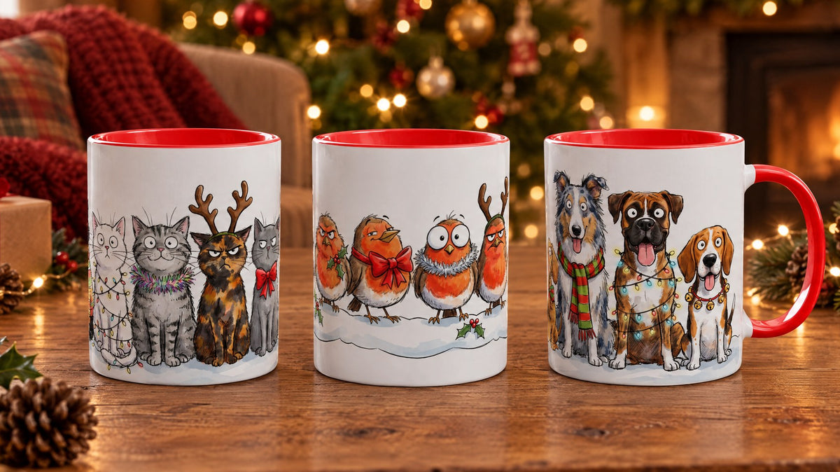 Christmas Cats, Christmas Robins and Christmas Dogs mugs on a table by the Christmas tree