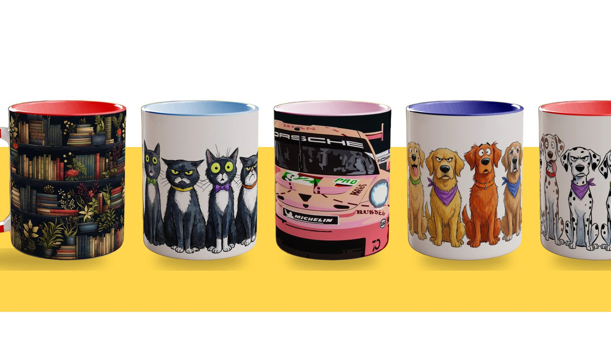 Mix and match mug sets - Bookshelf art, Tuxedo Cats, Joel Clark Porsche Pink Pig, Golden Retrievers and Dalmatians mugs