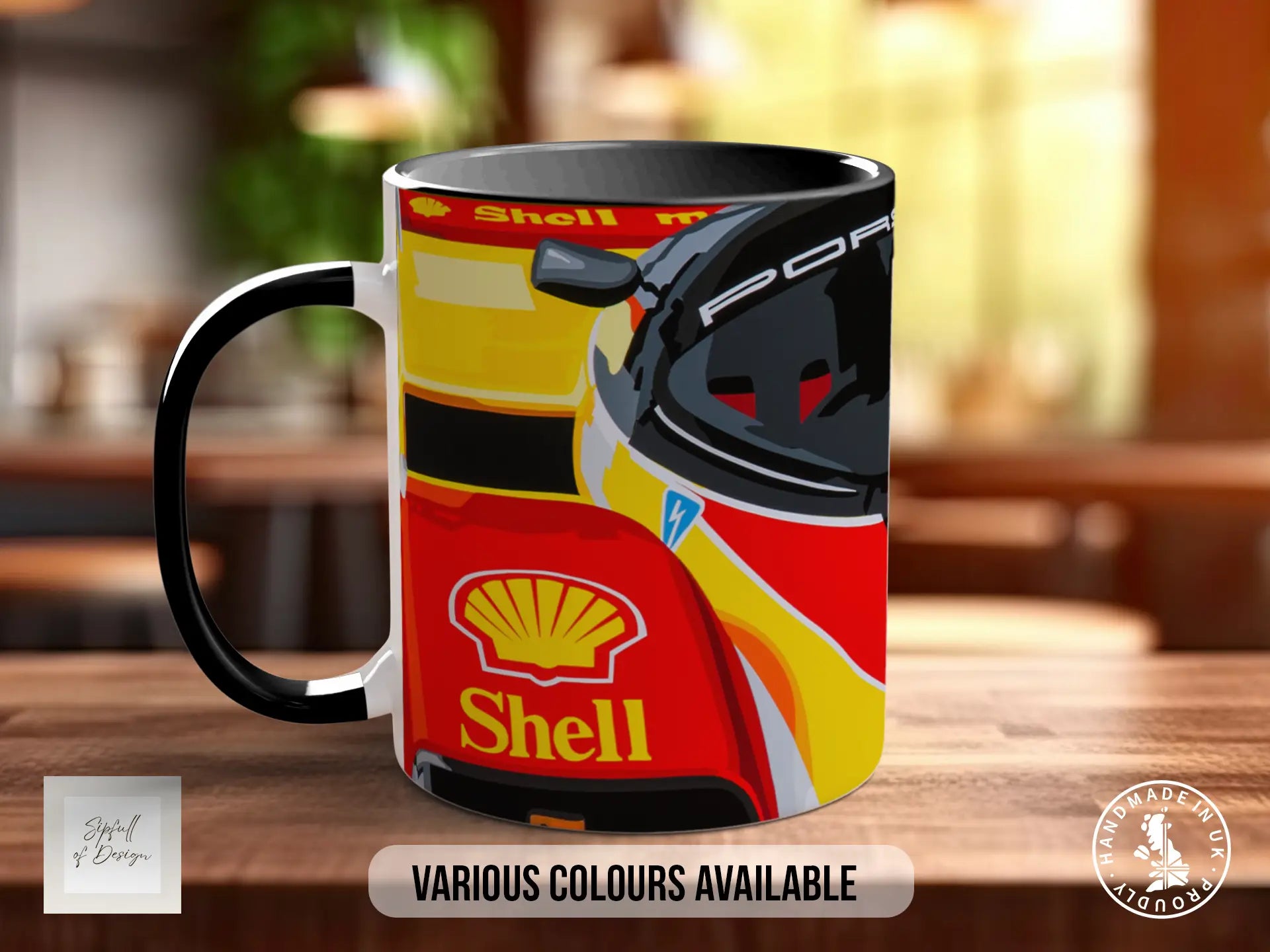 A black and yellow mug with a Shell racing car design, featuring the Shell logo and a Porsche racing helmet.