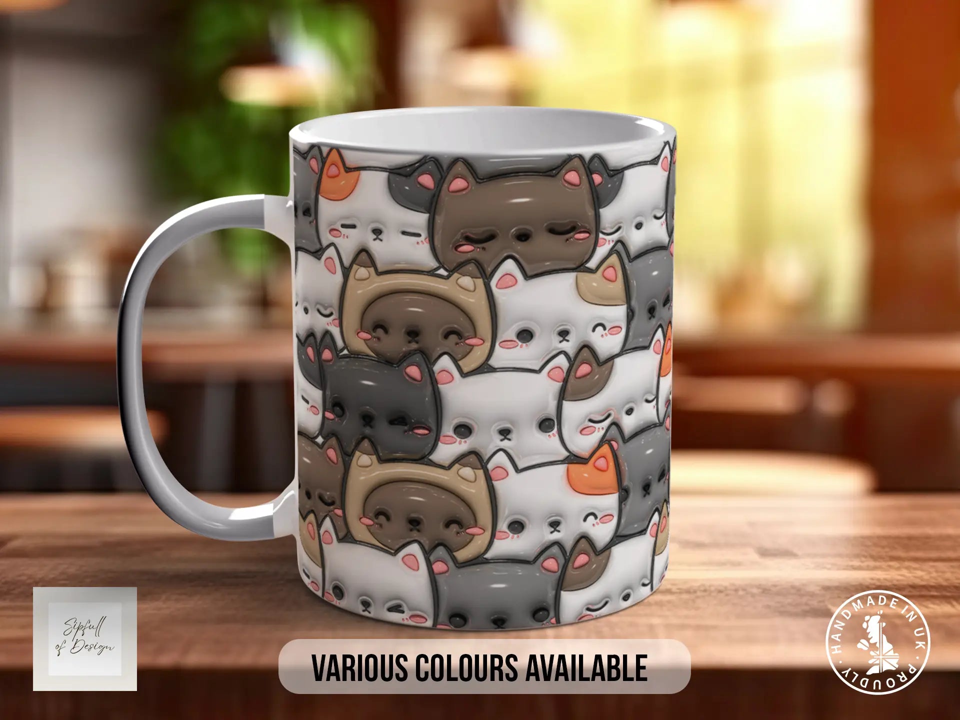 A white ceramic mug with a repeating pattern of cartoon cat faces in various colors, including white, gray, orange, and brown.