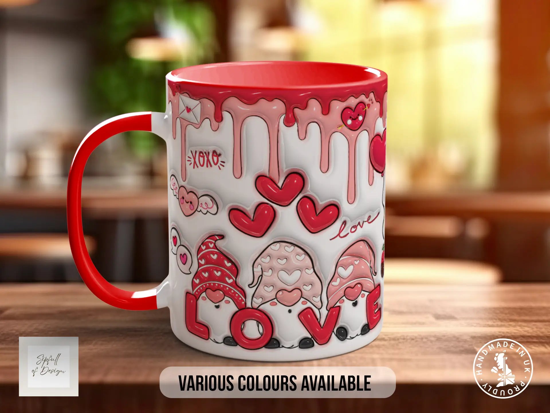 A red and white mug with a variety of heart and gnome designs, including the word "LOVE" prominently displayed.