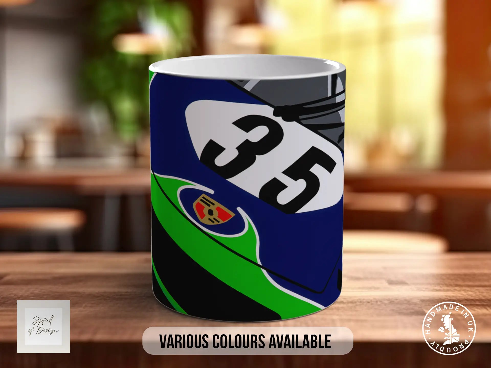 A colorful mug with a racing helmet design, featuring the number 35 prominently displayed.