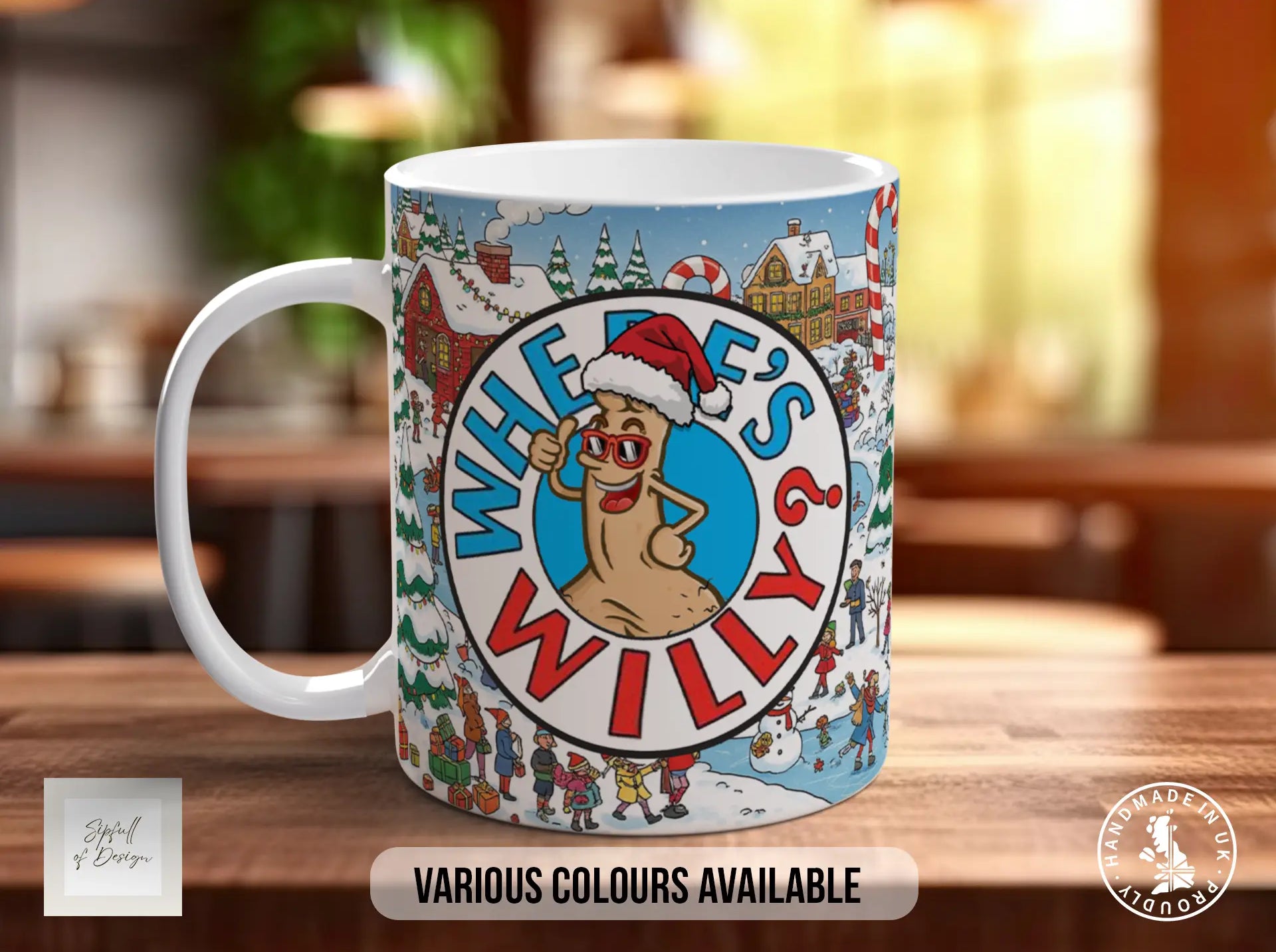 A mug with a colorful design featuring a cartoon character wearing a Santa hat and sunglasses, along with various holiday-themed elements such as snowmen, reindeer, and Christmas trees.