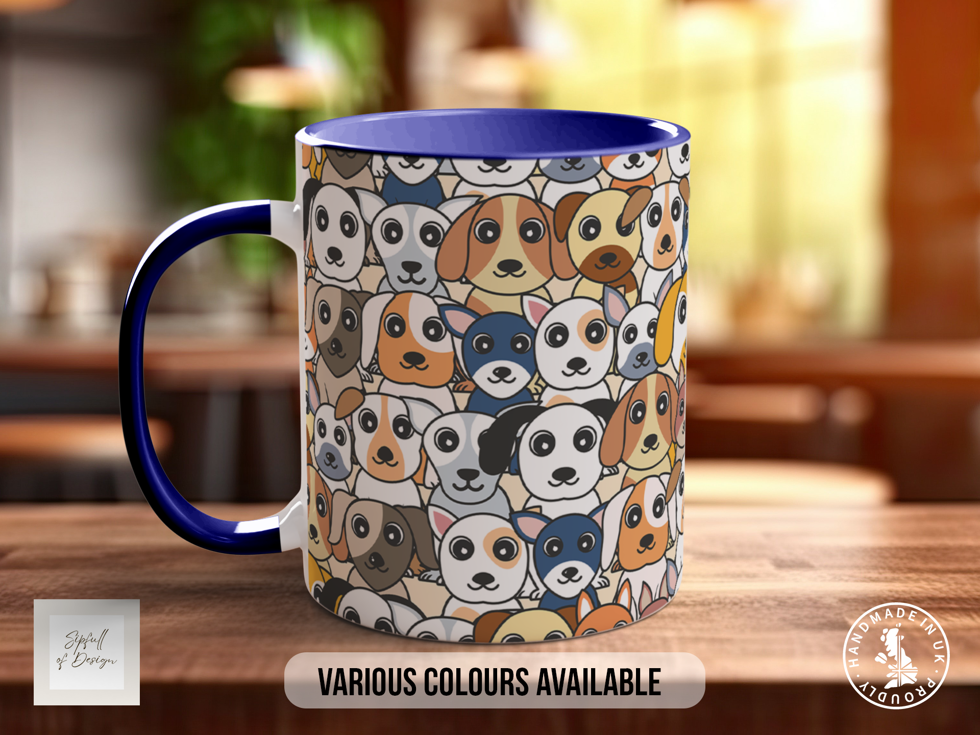 A mug with a colorful design featuring a variety of cartoon dog faces in different colors and expressions.