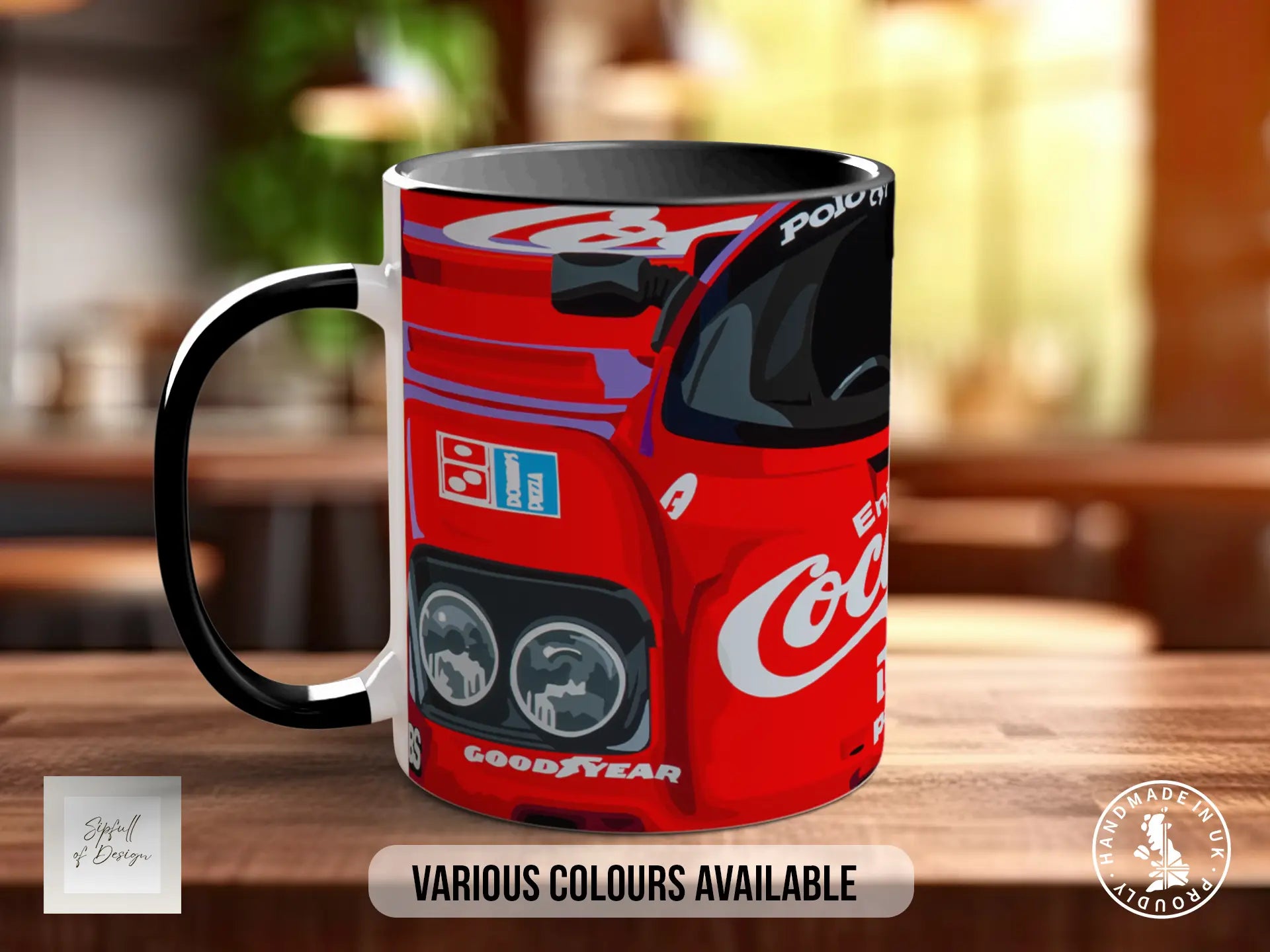 A red Coca-Cola mug with a black handle, featuring a stylized image of a car and the Coca-Cola logo.