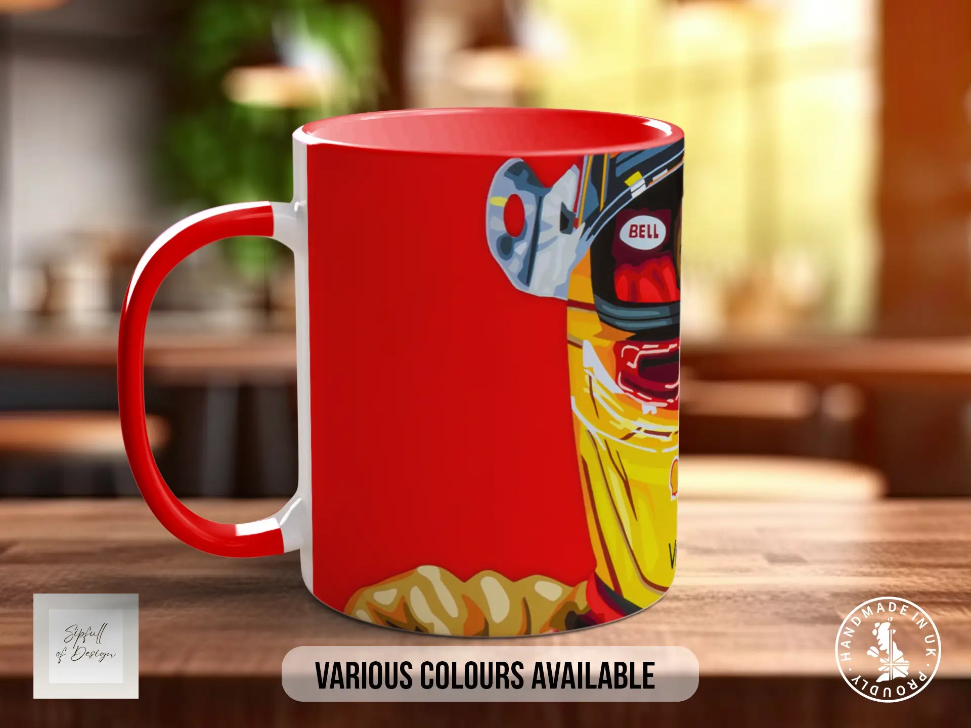 A red and white mug with a graphic design featuring a yellow and red car, along with the text "VARIOUS COLOURS AVAILABLE".