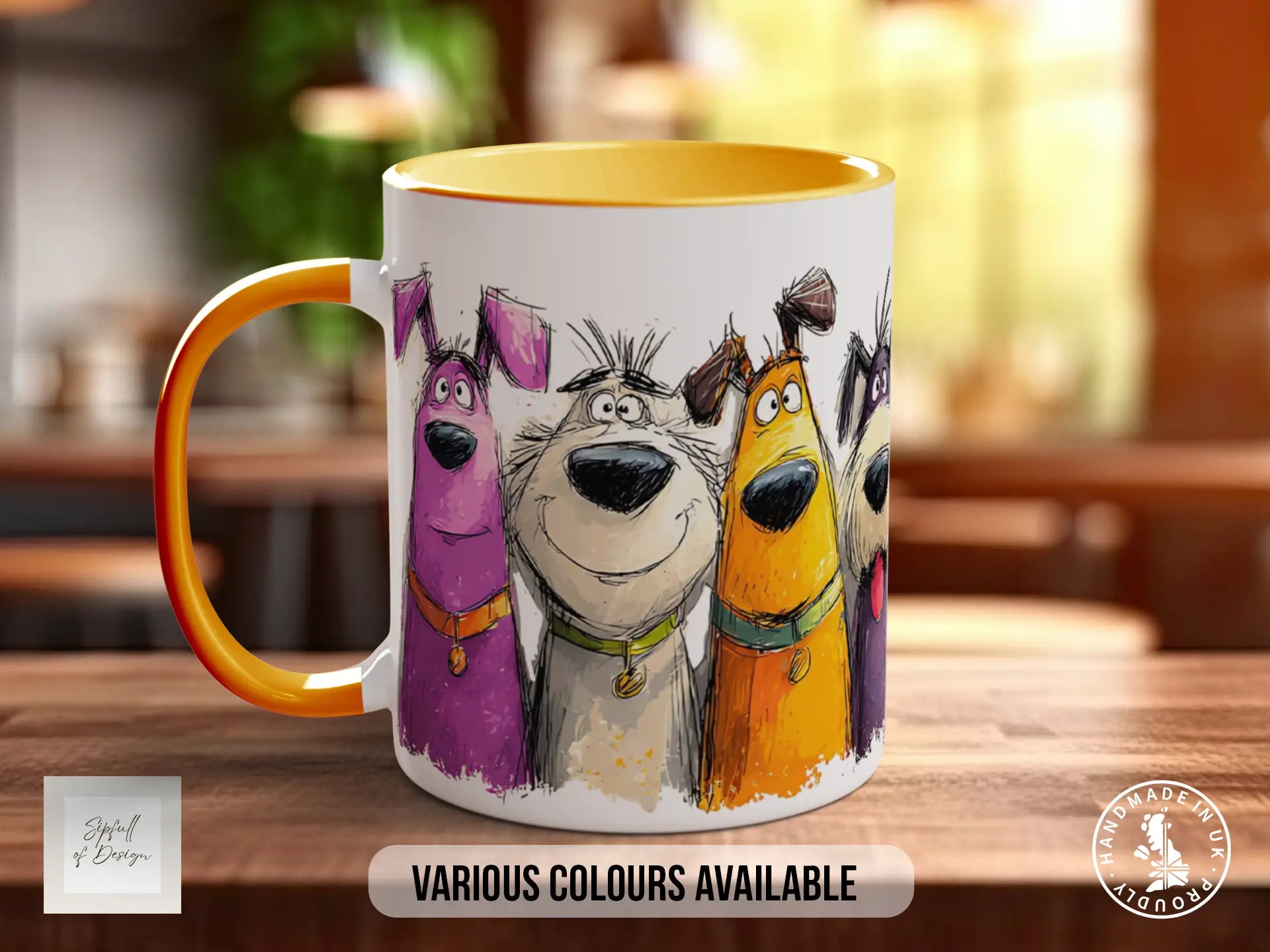 A mug featuring a colorful illustration of cartoon dogs in various colors, including purple, yellow, and orange.