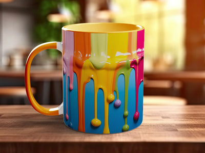 A colorful coffee mug with a dripping paint design, sitting on a wooden surface.