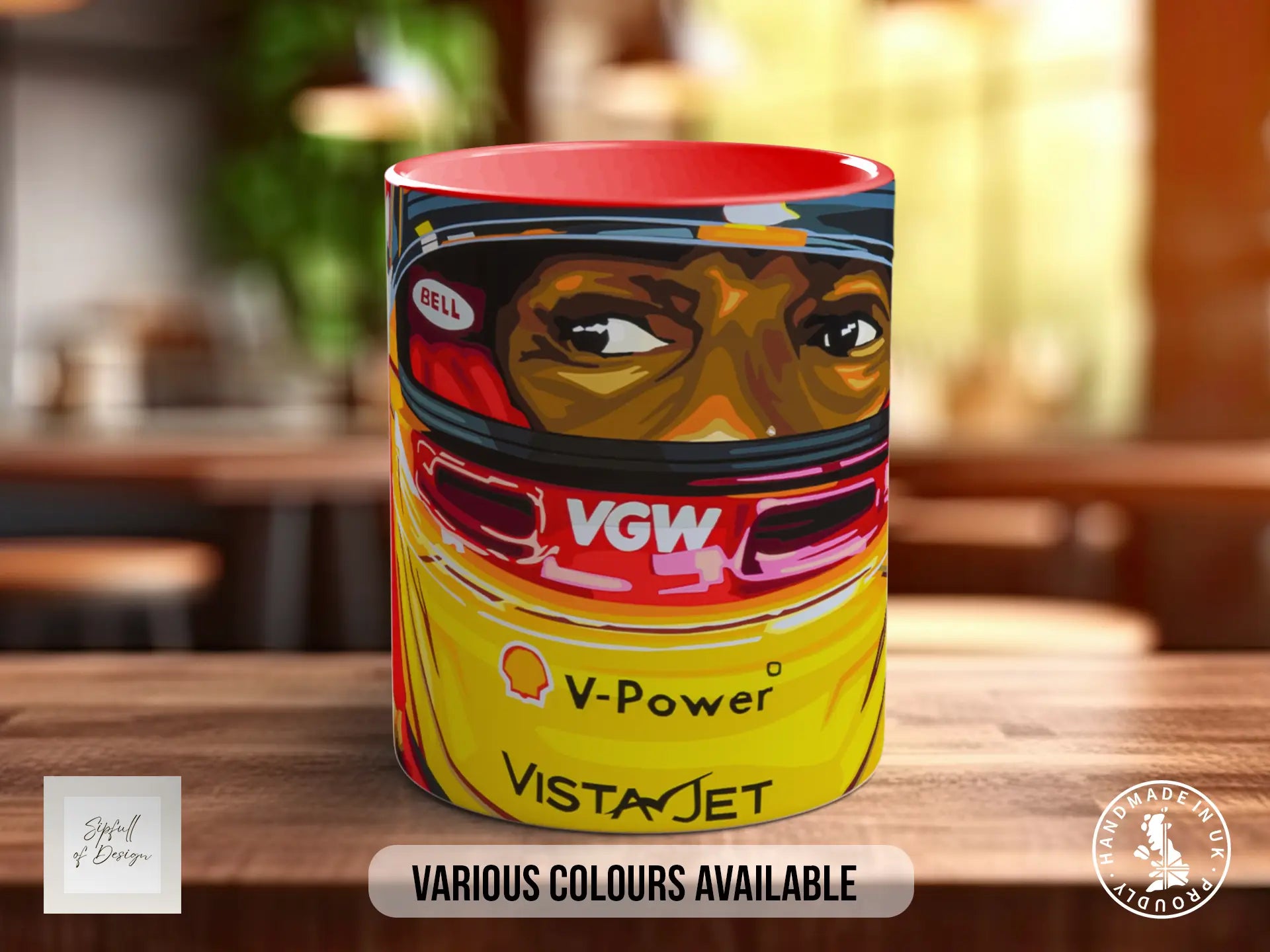A mug with a racing helmet design on it, featuring the words "V-Power" and "VistaJet" printed on it.