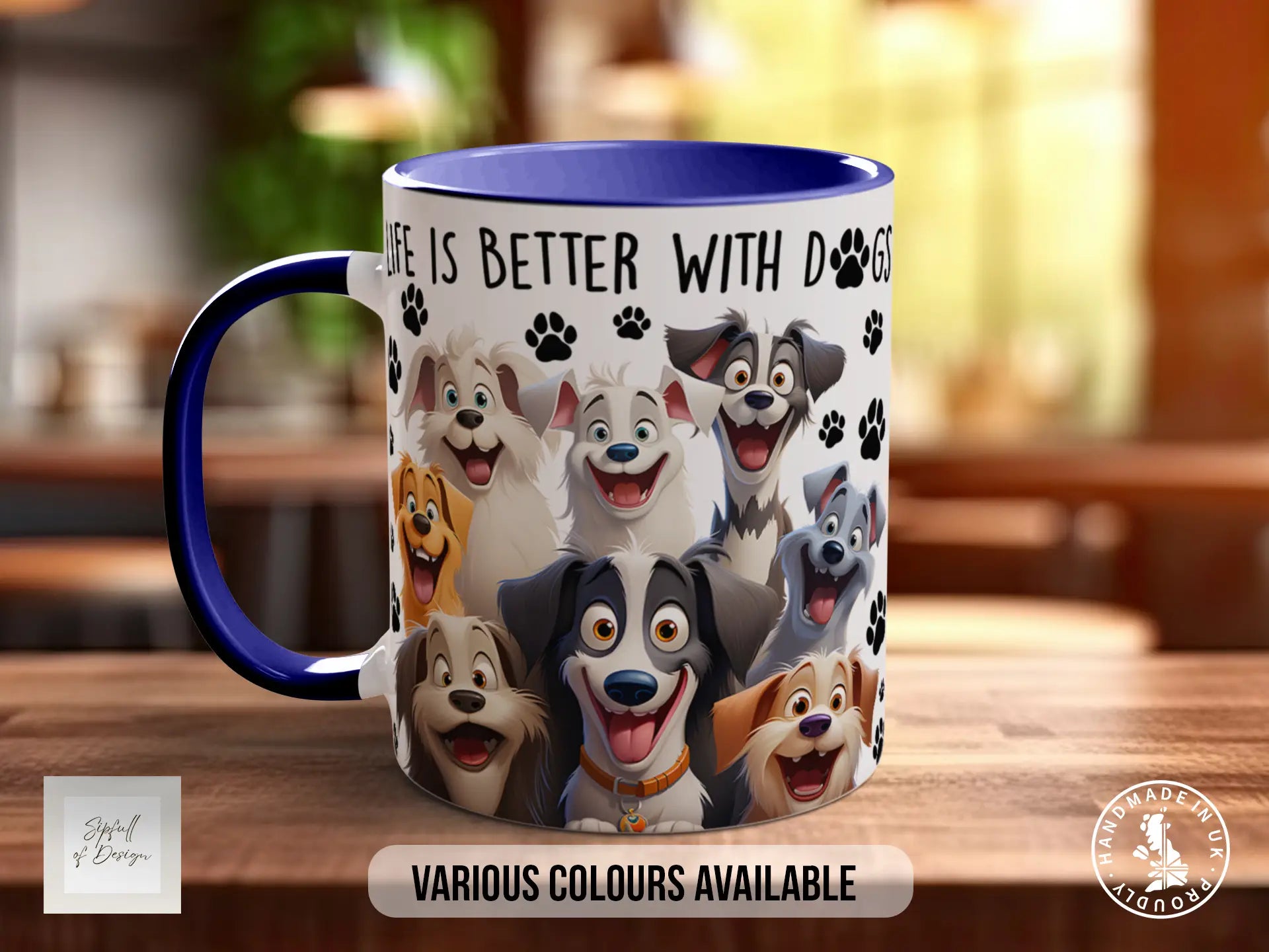 A mug featuring a collage of cartoon dog characters with the text "Life is better with dogs" printed on it.
