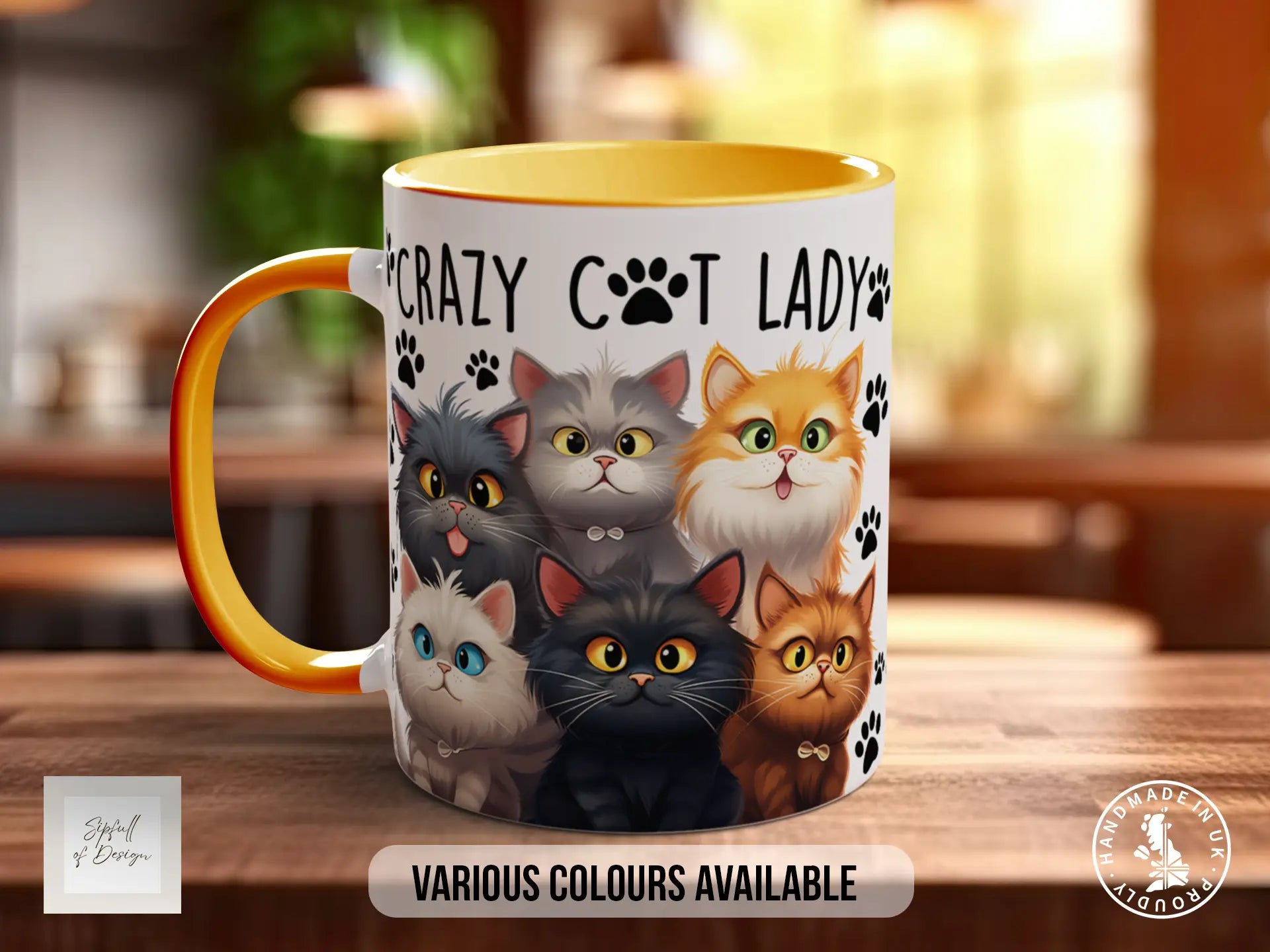 A colorful mug with a cat design, featuring various colored cats with different expressions and poses.