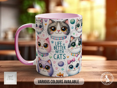 A mug with a cat design, featuring various cat faces and the text "Life is better with cats" printed on it.