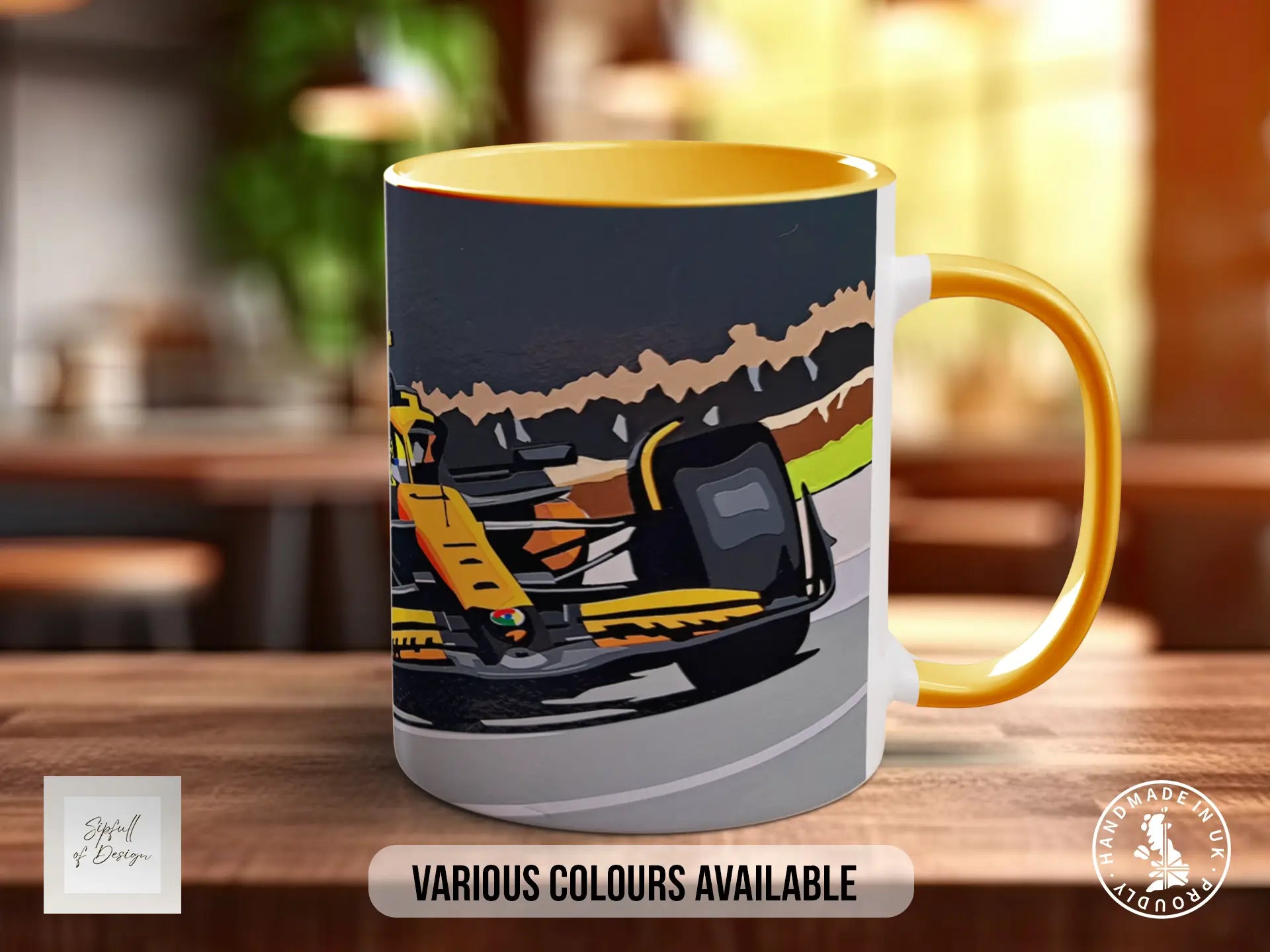 A mug with a colorful illustration of a race car on it, placed on a wooden surface.