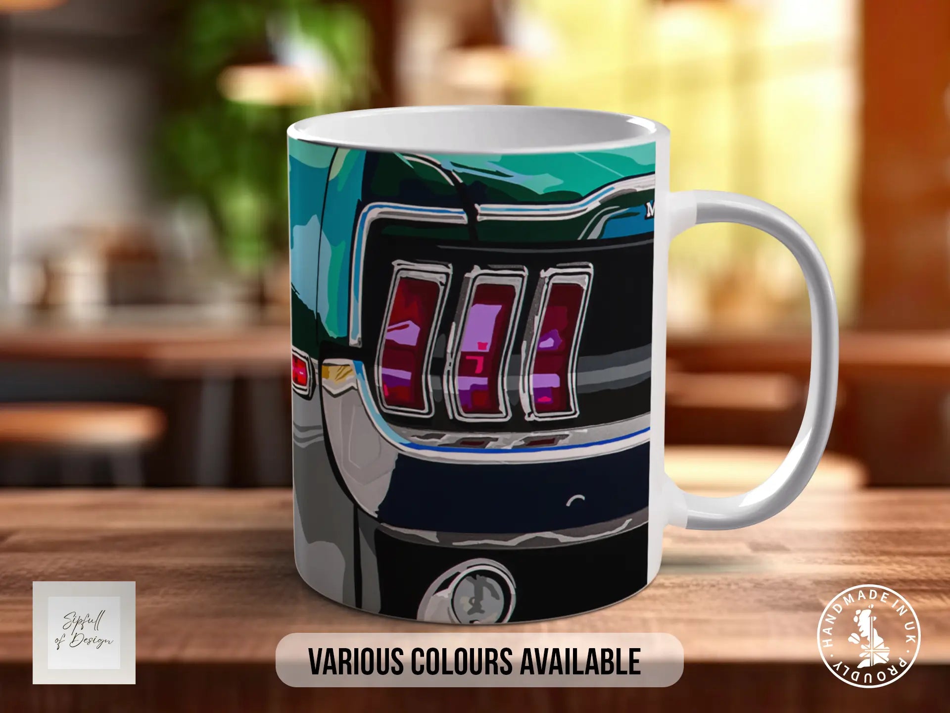 A mug with a colorful graphic design depicting a car's rear view, including the taillights and bumper.