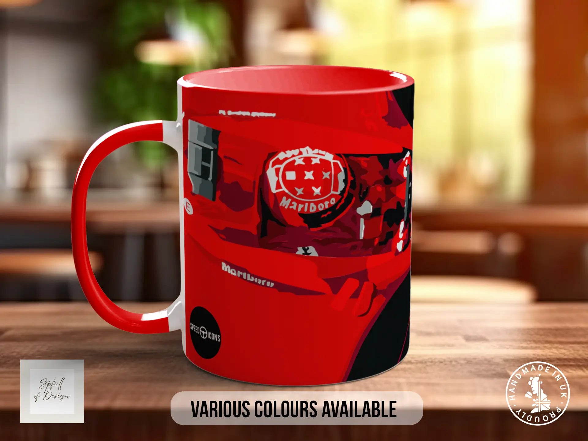 A red and black mug with a graphic design featuring a racing helmet and the Marlboro logo.