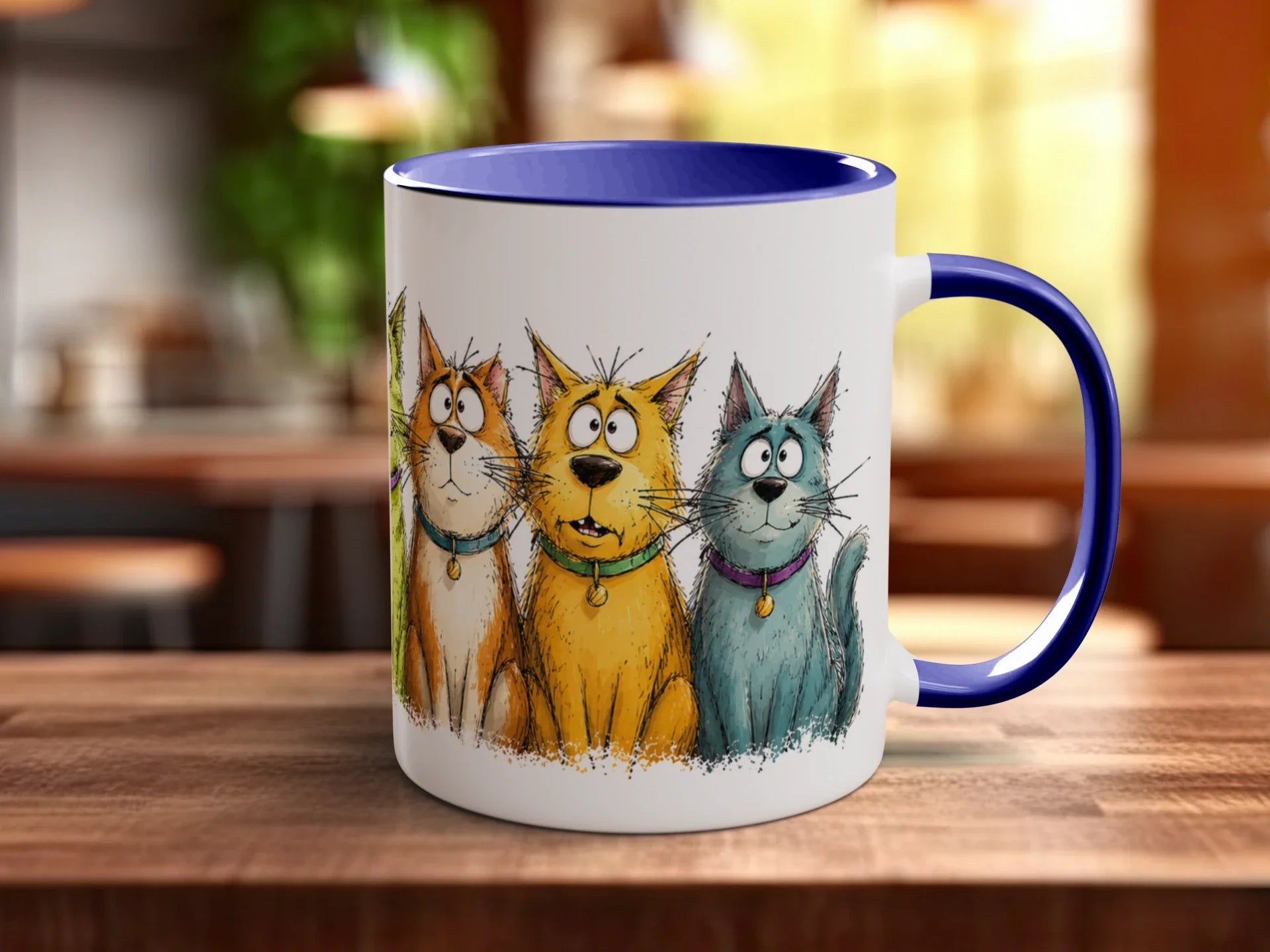 Funny Cats Mug – goggle-eyed cartoon cats, right view