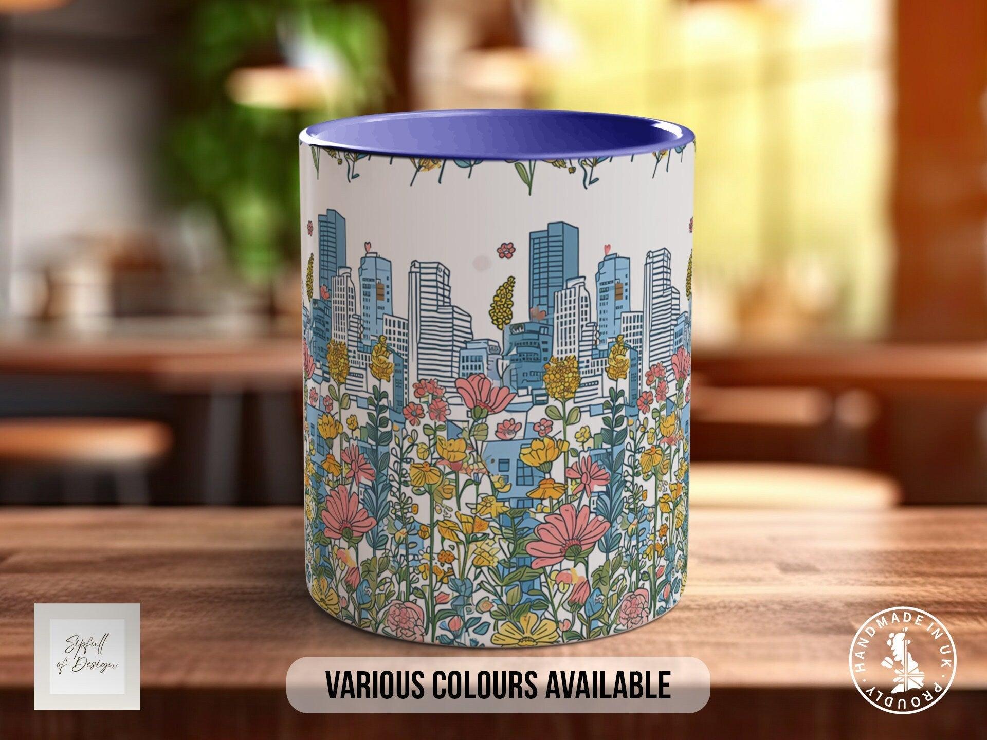 Cityscape Wildflower Pattern Full Wrap Coloured Art Mug - Design 7 - Sipfull of Design