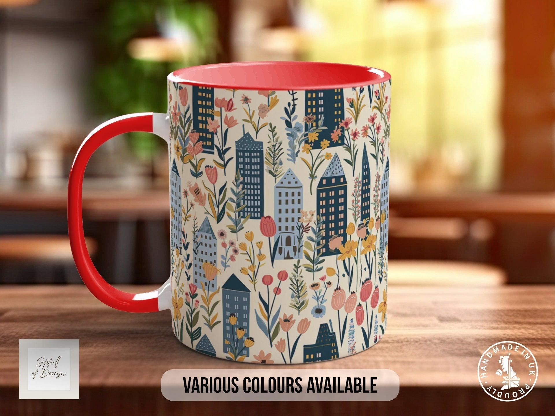 Cityscape Wildflower Pattern Full Wrap Coloured Art Mug - Design 13 - Sipfull of Design