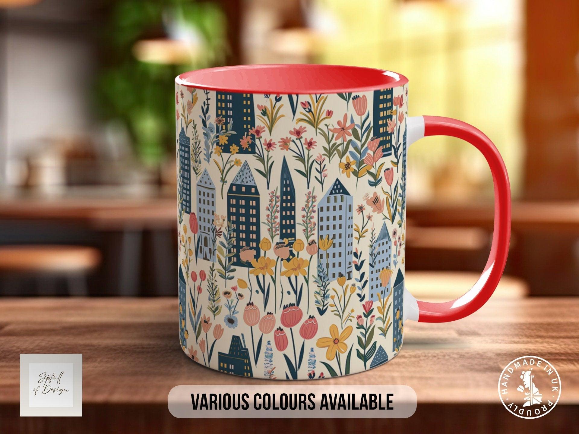 Cityscape Wildflower Pattern Full Wrap Coloured Art Mug - Design 13 - Sipfull of Design