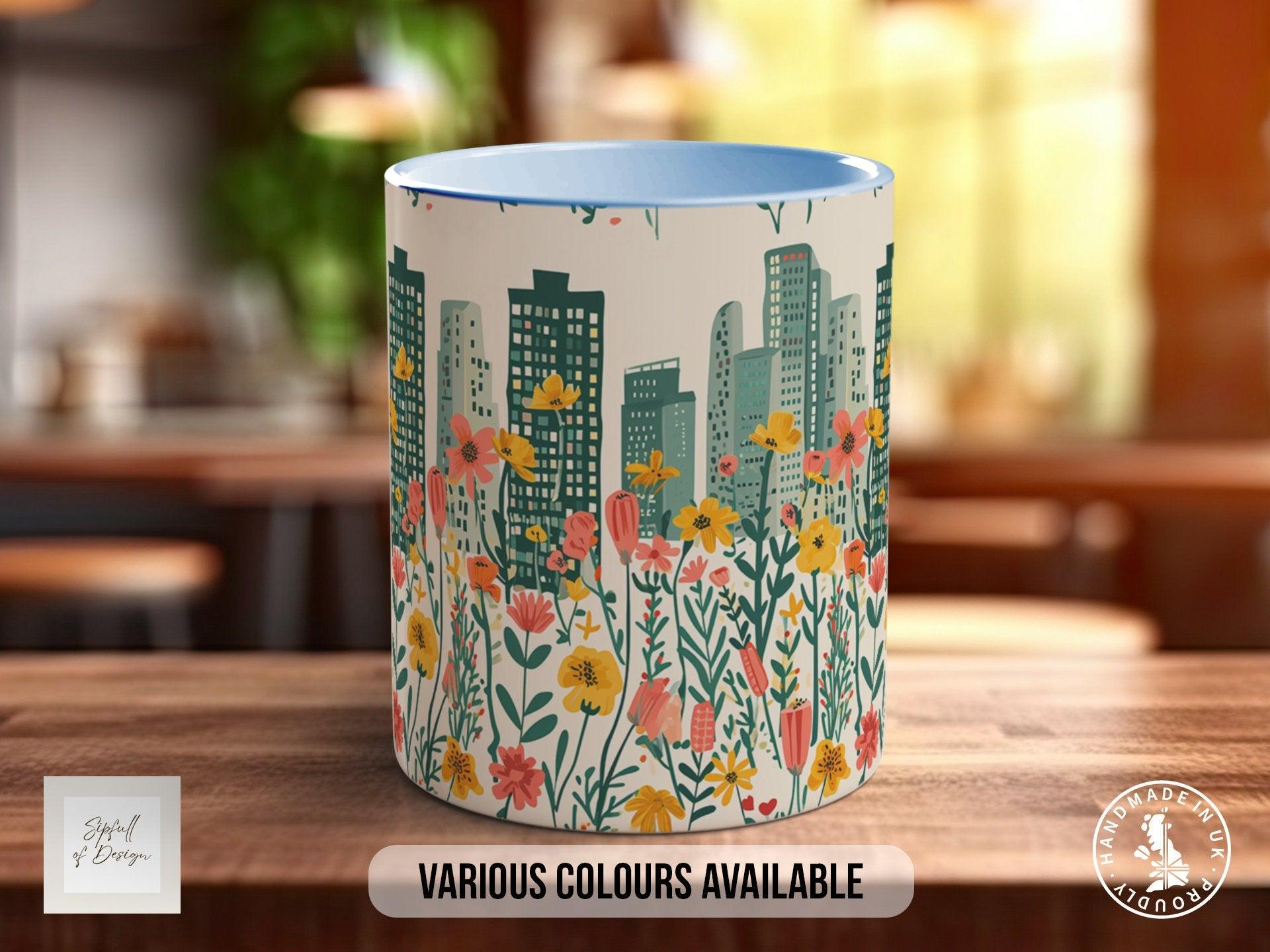Cityscape Wildflower Pattern Full Wrap Coloured Art Mug - Design 15 - Sipfull of Design