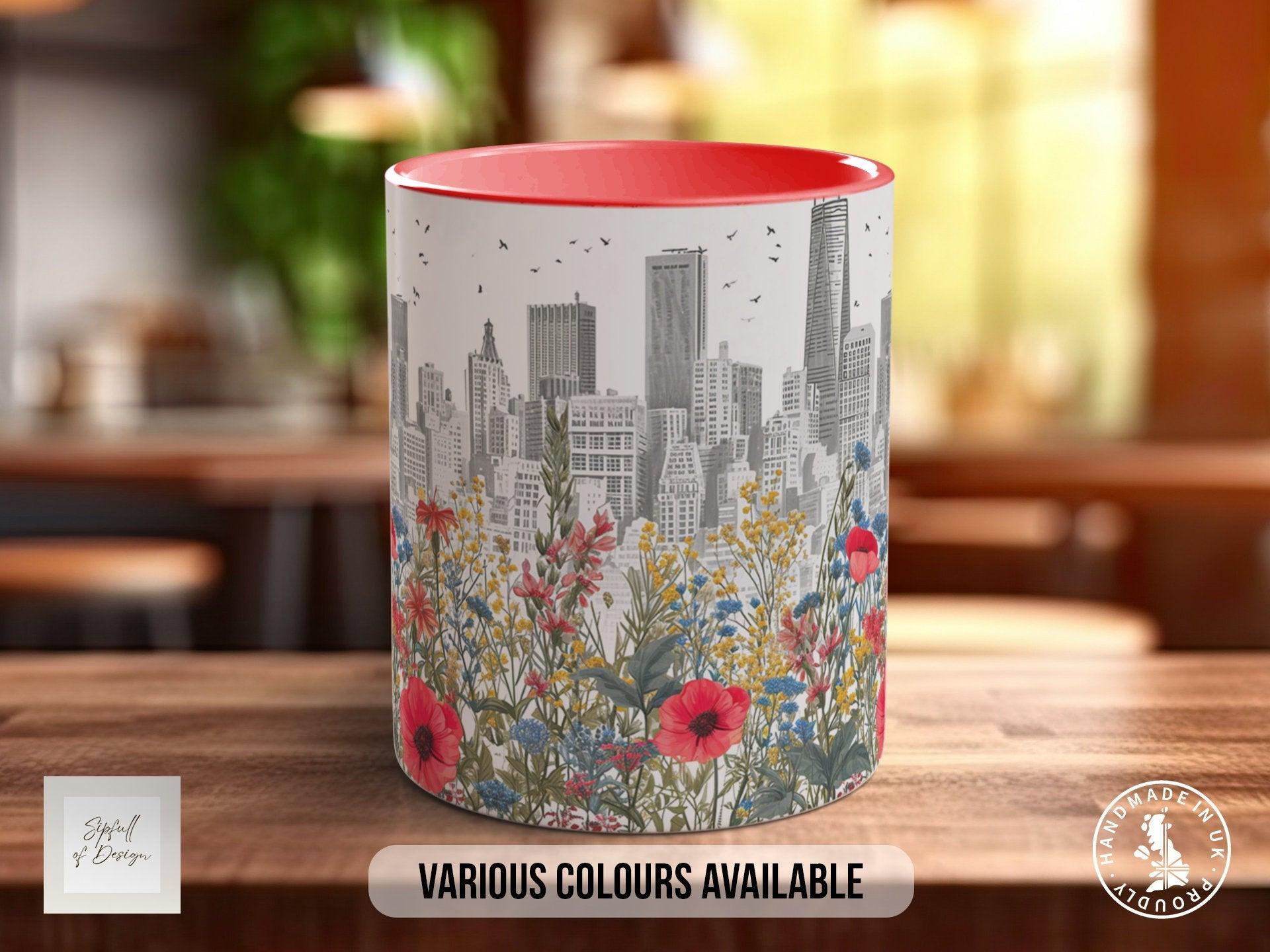 Cityscape Wildflower Pattern Full Wrap Coloured Art Mug - Design 2 - Sipfull of Design