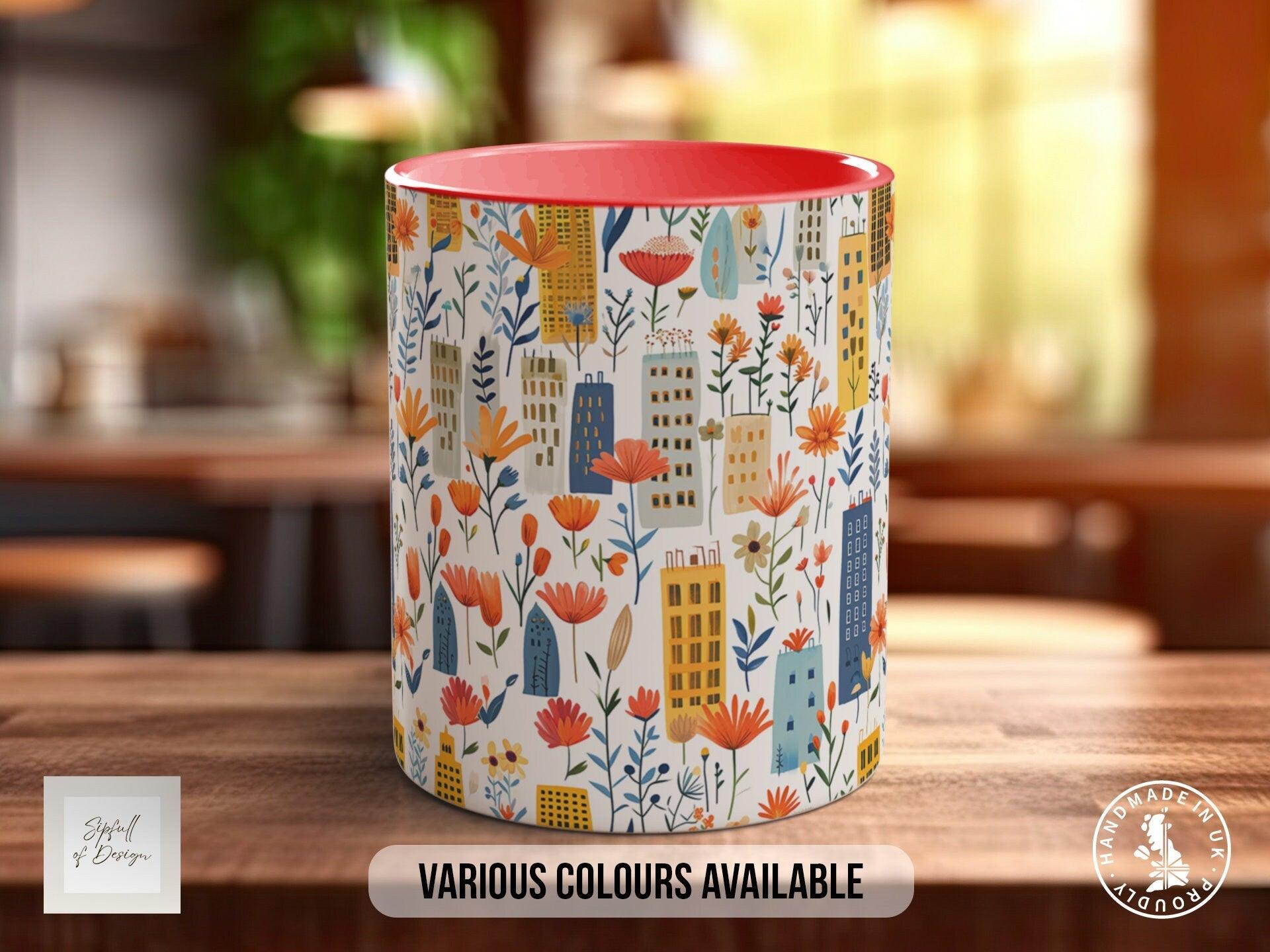 Cityscape Wildflower Pattern Full Wrap Coloured Art Mug - Design 6 - Sipfull of Design