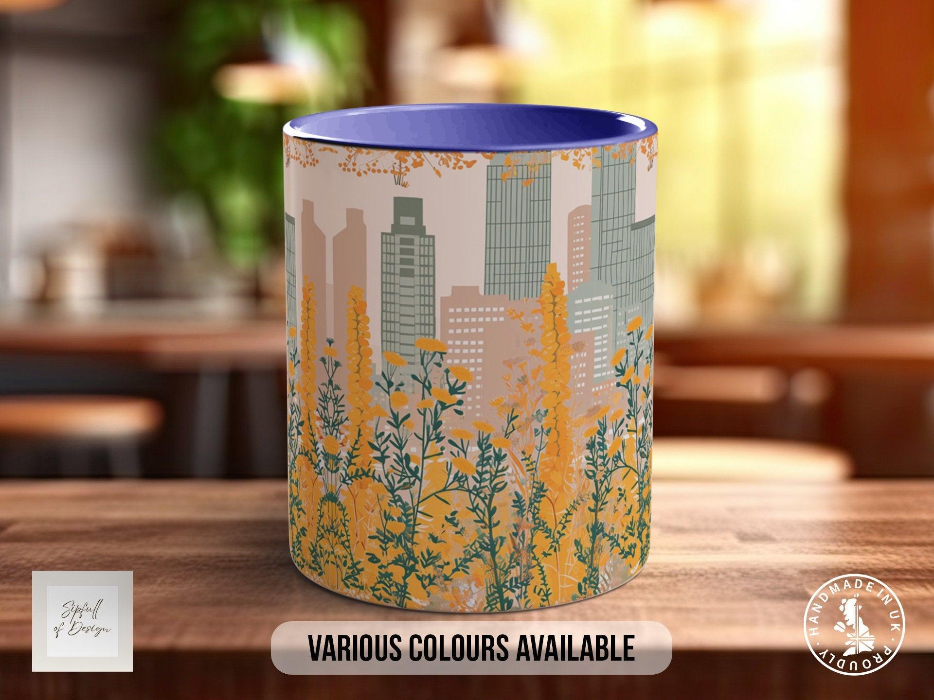 Cityscape Wildflower Pattern Full Wrap Coloured Art Mug - Design 12 - Sipfull of Design
