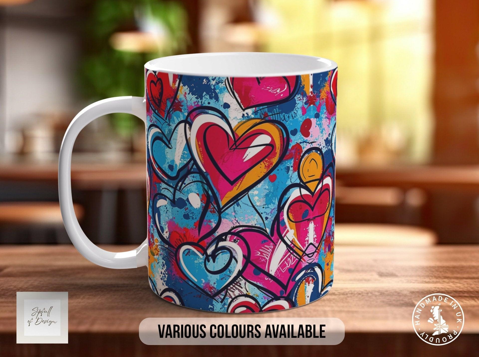 Graffiti Hearts Pattern Full Wrap Coloured Art Mug - Design 11 - Sipfull of Design