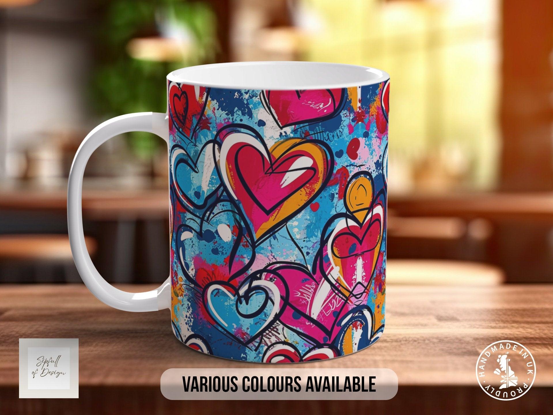Graffiti Hearts Pattern Full Wrap Coloured Art Mug - Design 11 - Sipfull of Design
