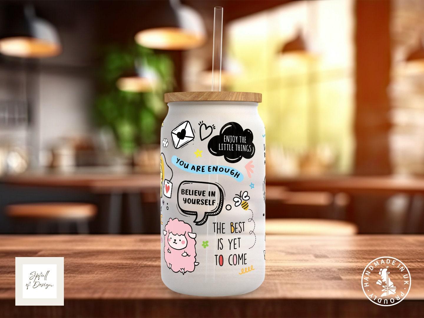 Mug Of Positivitea Motivational Frosted Glass Can - a bamboo cup of positivity with lid and straw! - Sipfull of Design