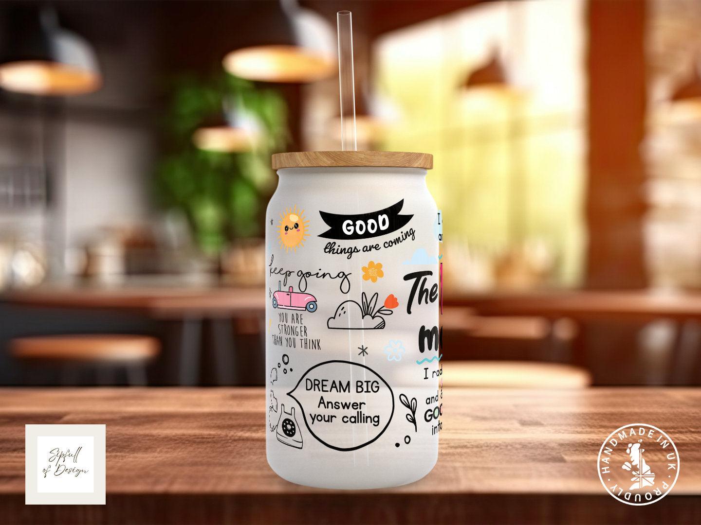 Mug Of Motivation Frosted Glass Can - a bamboo cup of positivity with lid and straw! - Sipfull of Design