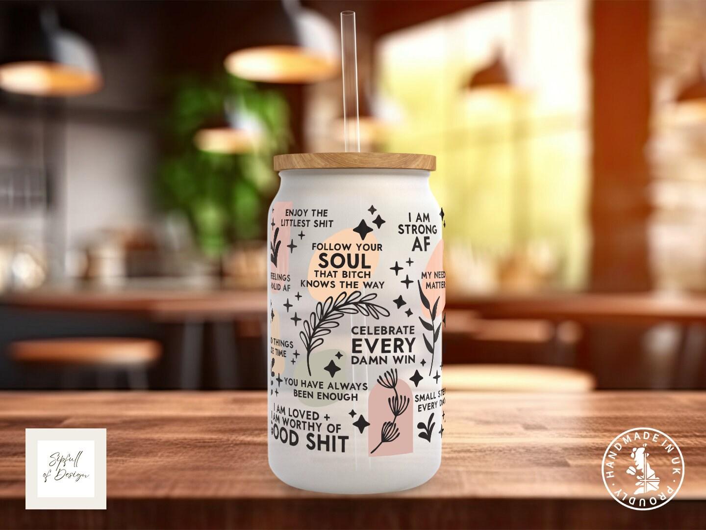 Naughty Daily Reminders Frosted Glass Can - a bamboo cup of positivity with lid and straw! Vulgar - Sipfull of Design