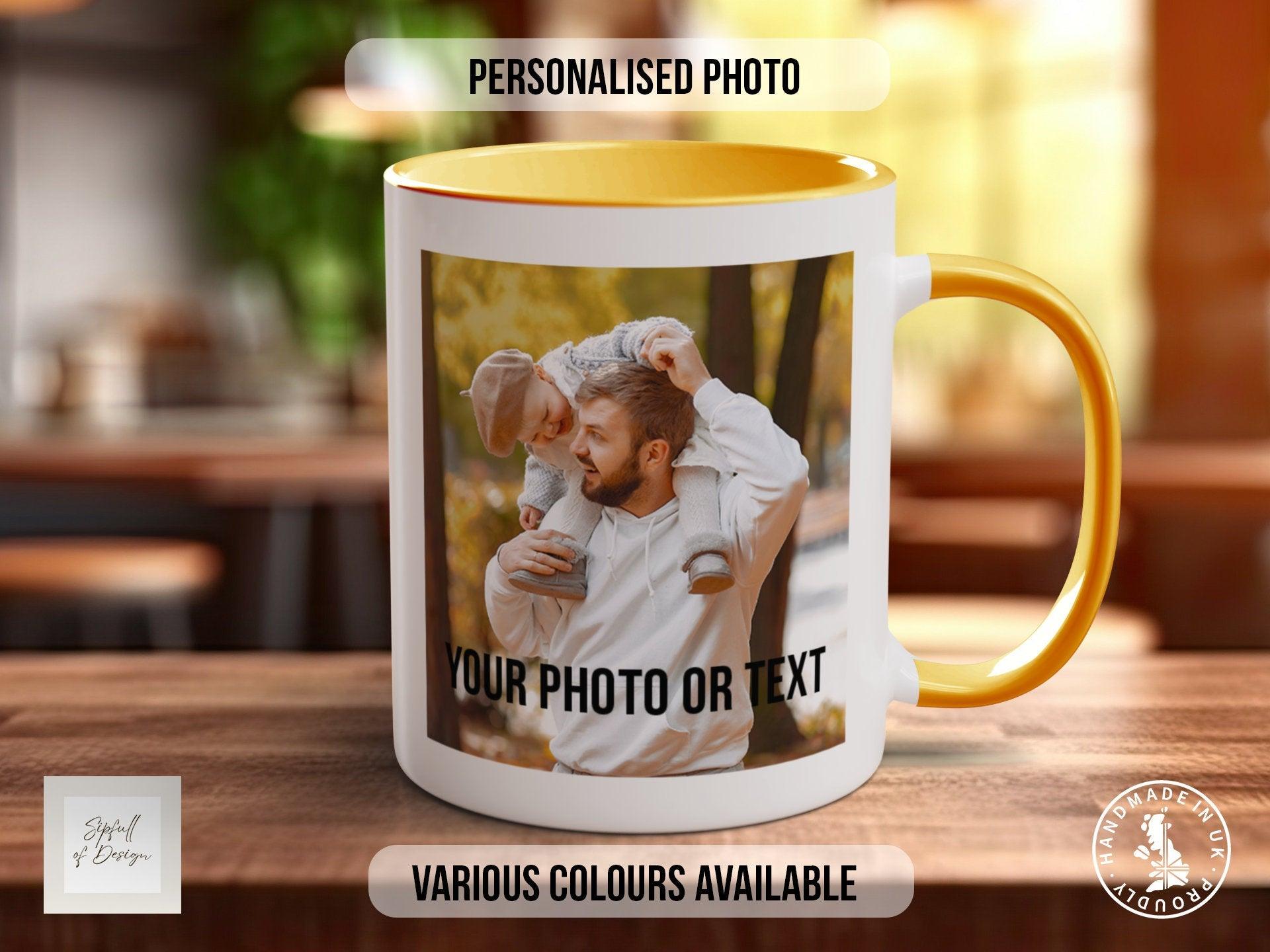 Photo and Text Personalised Photo Mug - Coloured with Your Photos - Coloured 11oz and Bone China 15oz options - Sipfull of Design