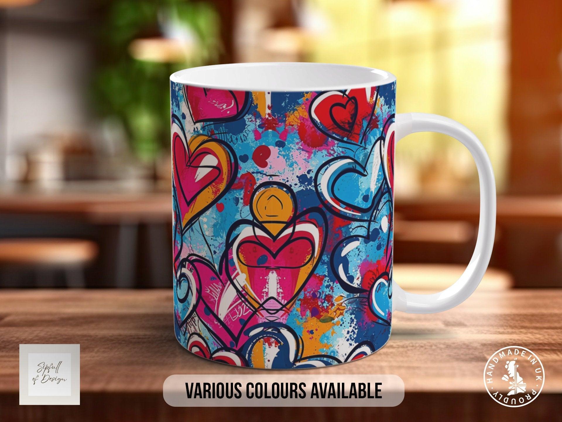 Graffiti Hearts Pattern Full Wrap Coloured Art Mug - Design 11 - Sipfull of Design