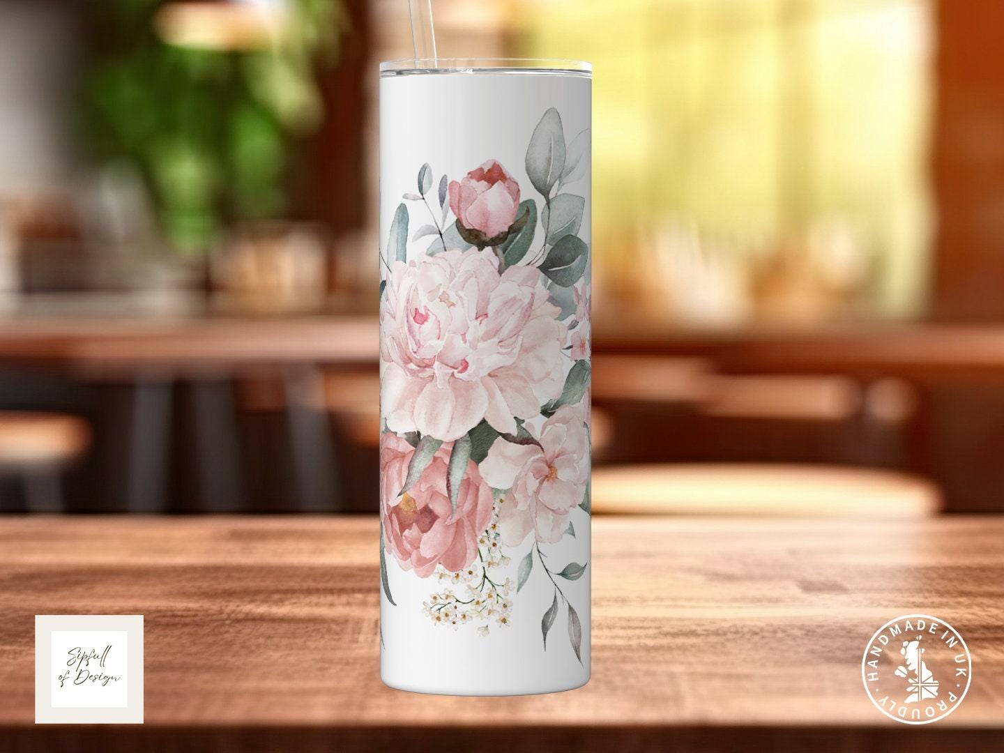 Pink Flowers Personalised Name 20oz Insulated Tumbler With lid and straw! - Sipfull of Design