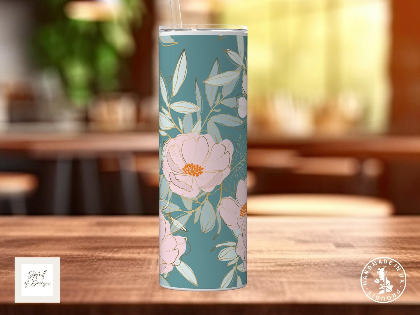 Floral Pink Turquoise Personalised Name 20oz Insulated Tumbler With lid and straw! - Sipfull of Design