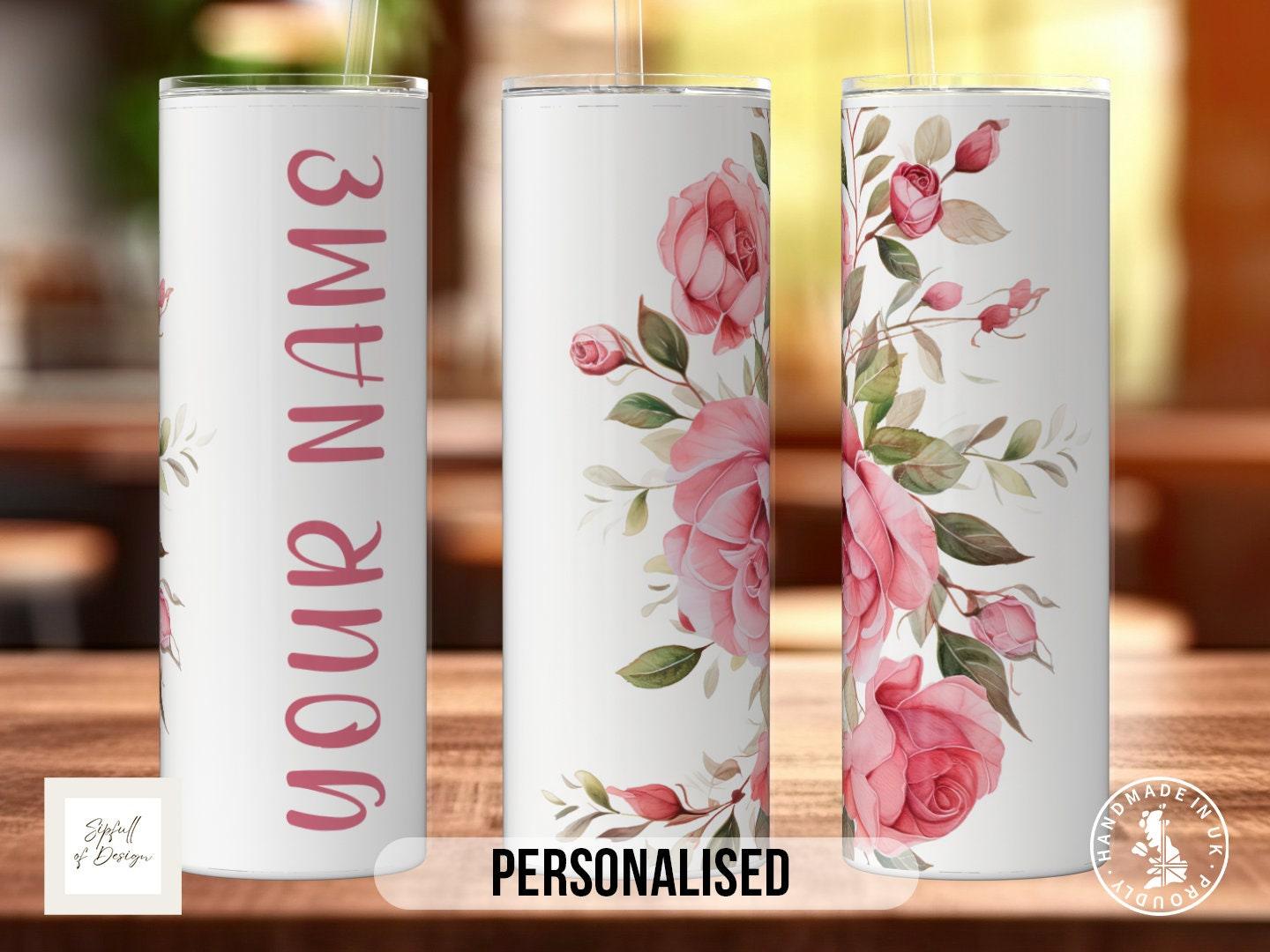 Pink Roses Personalised Name 20oz Insulated Tumbler With lid and straw! - Sipfull of Design
