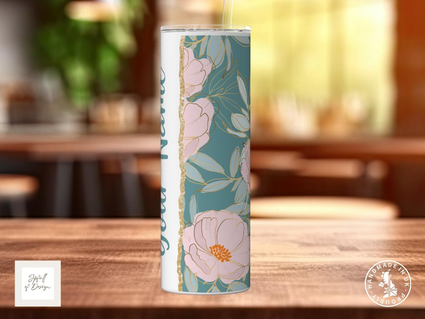 Floral Pink Turquoise Personalised Name 20oz Insulated Tumbler With lid and straw! - Sipfull of Design