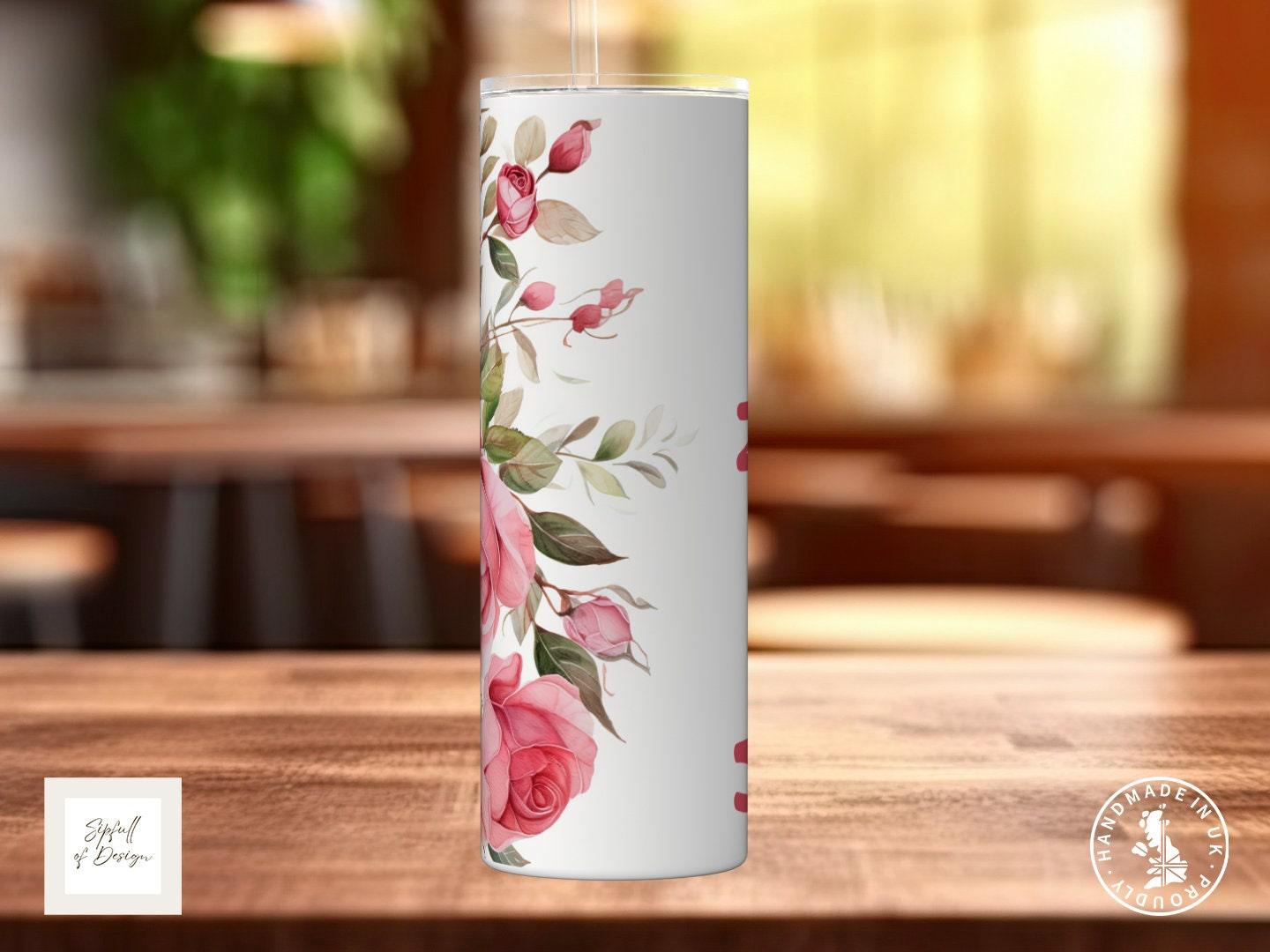 Pink Roses Personalised Name 20oz Insulated Tumbler With lid and straw! - Sipfull of Design