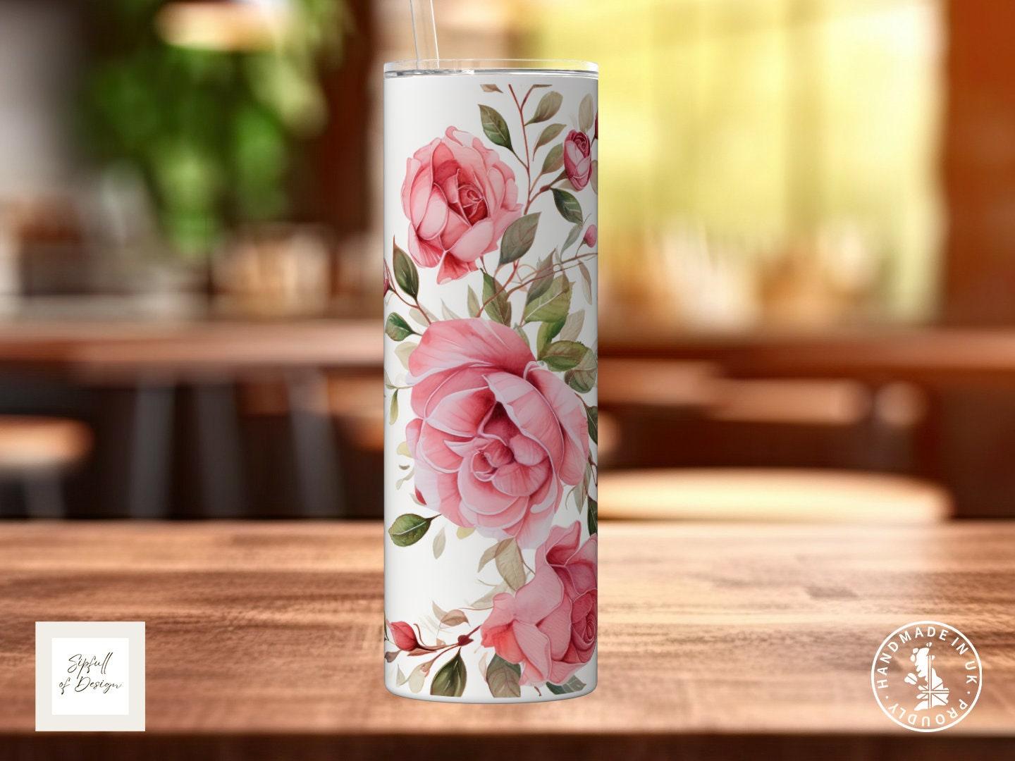 Pink Roses Personalised Name 20oz Insulated Tumbler With lid and straw! - Sipfull of Design