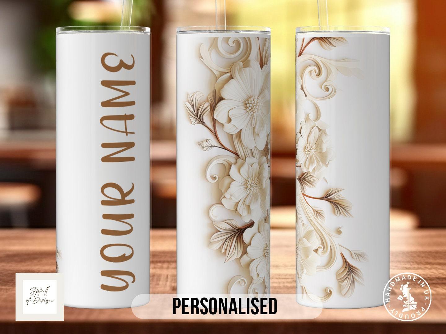 White Flowers Personalised Name 20oz Insulated Tumbler With lid and straw! - Sipfull of Design