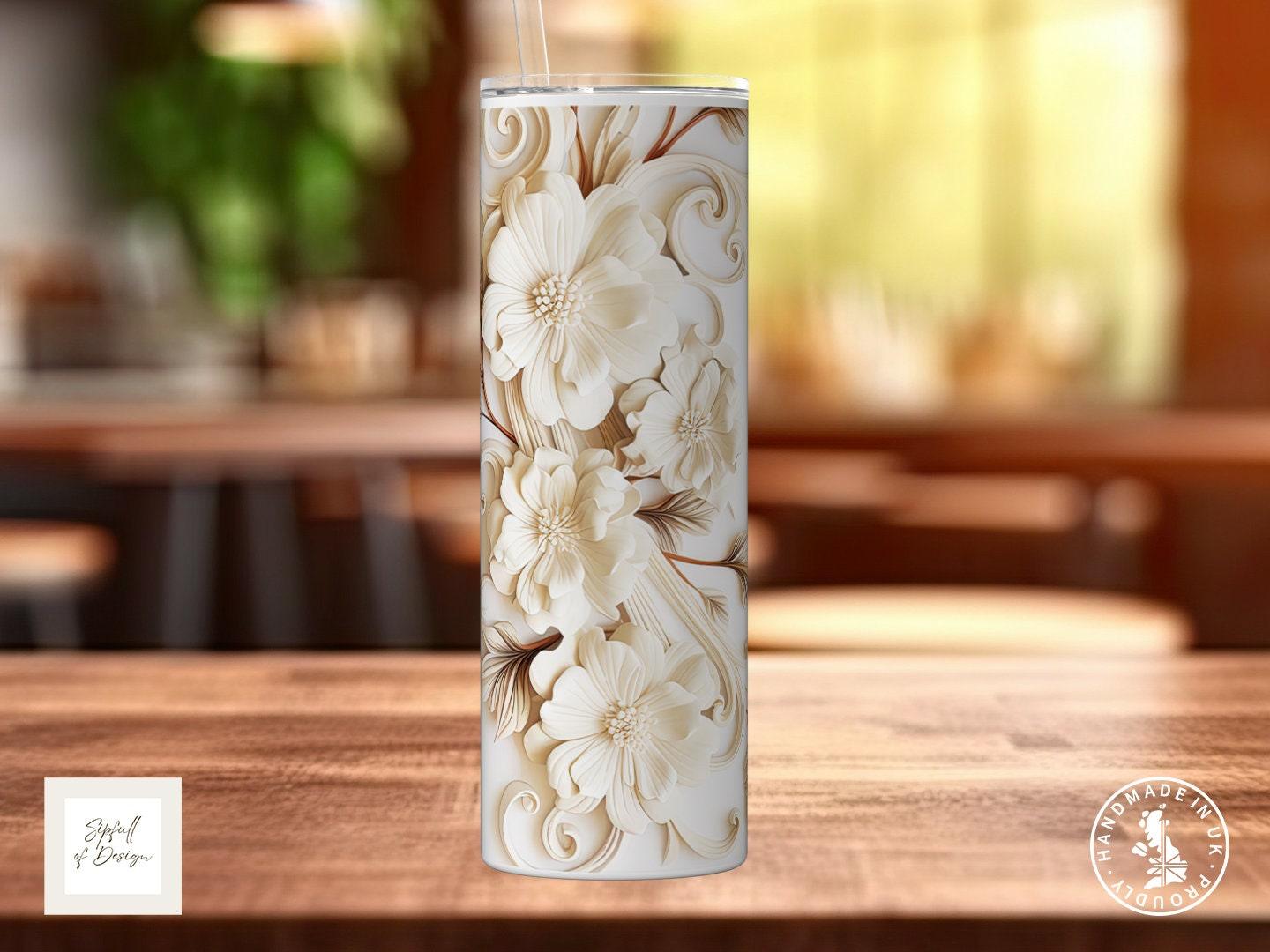 White Flowers Personalised Name 20oz Insulated Tumbler With lid and straw! - Sipfull of Design