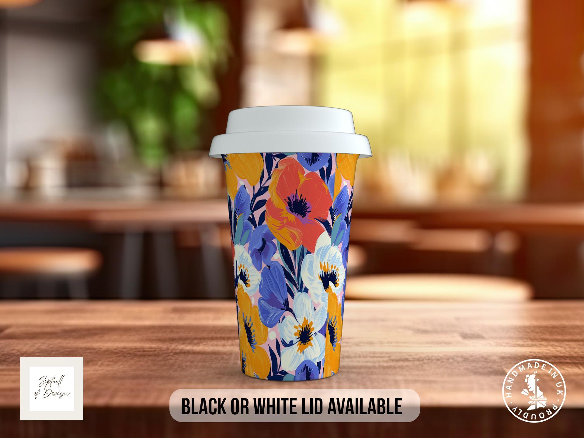 Birth Month Flowers Travel Mug - February Violet and Primrose - double insulated handmade coffee mug - Black or White Lid - Sipfull of Design