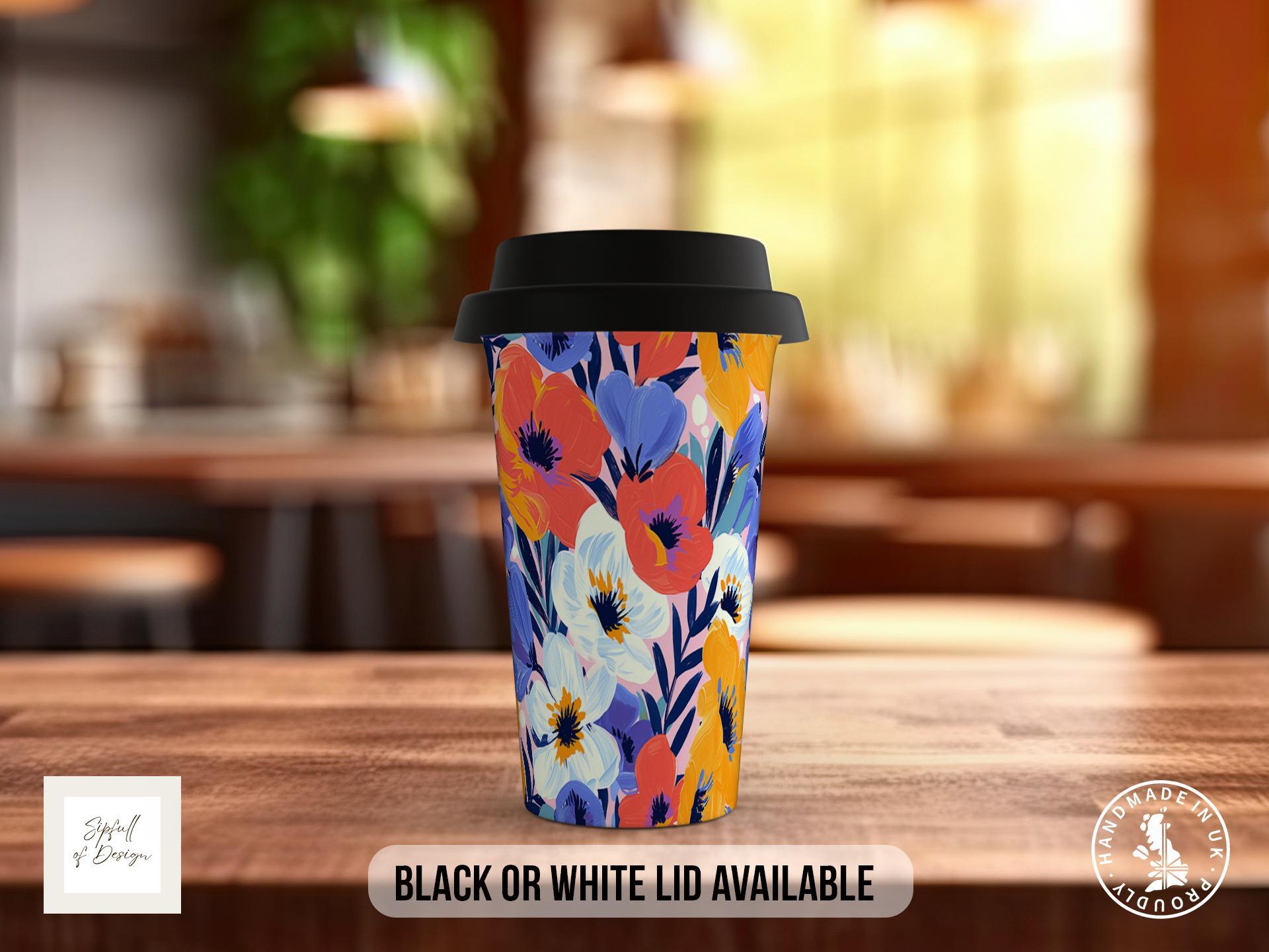 Birth Month Flowers Travel Mug - February Violet and Primrose - double insulated handmade coffee mug - Black or White Lid - Sipfull of Design