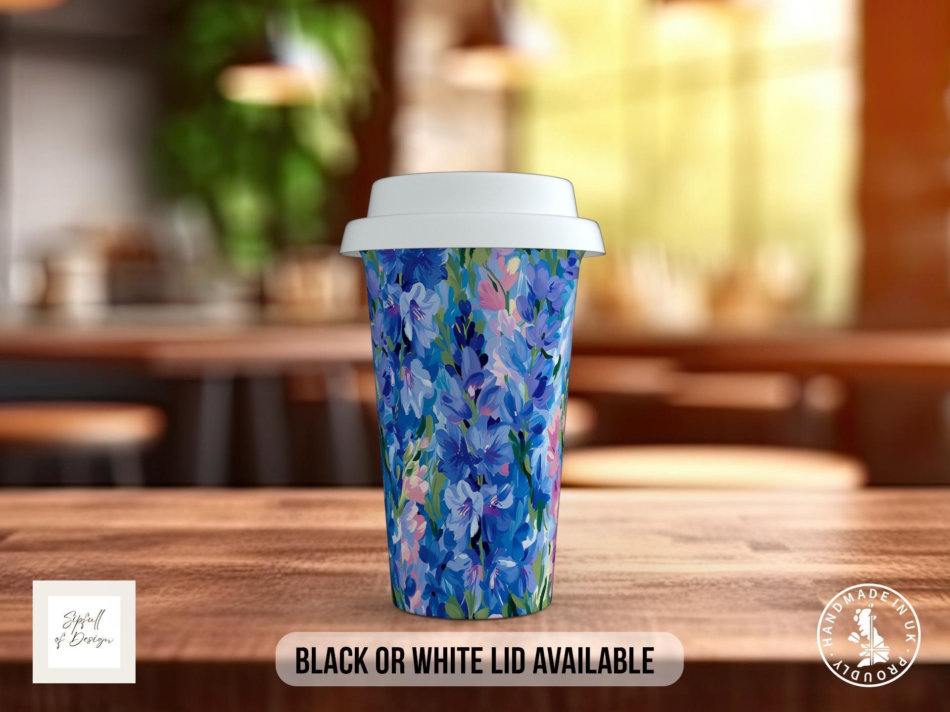 Birth Month Flowers Travel Mug - July Larkspur and Water Lily - double insulated handmade coffee mug - Black or White Lid - Sipfull of Design