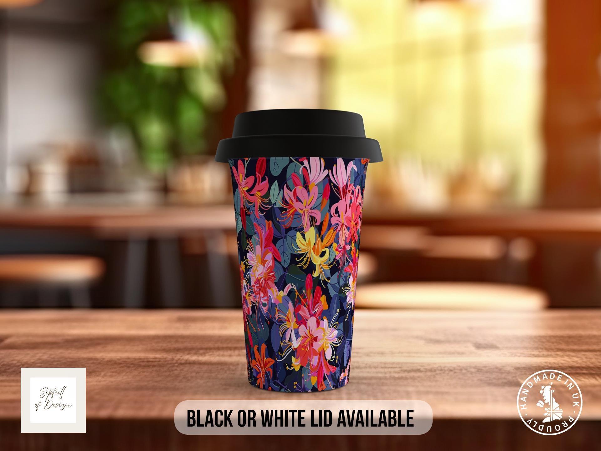 Birth Month Flowers Travel Mug - June Rose and Honeysuckle - double insulated handmade coffee mug - Black or White Lid - Sipfull of Design
