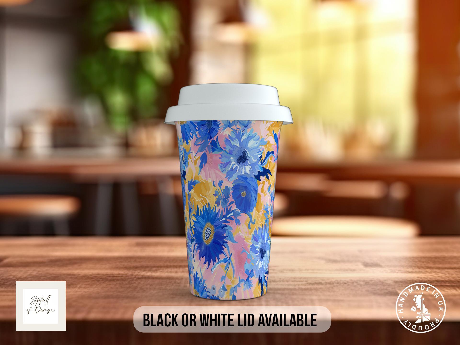 Birth Month Flowers Travel Mug - September Aster and Morning Glory - double insulated handmade coffee mug - Black or White Lid - Sipfull of Design