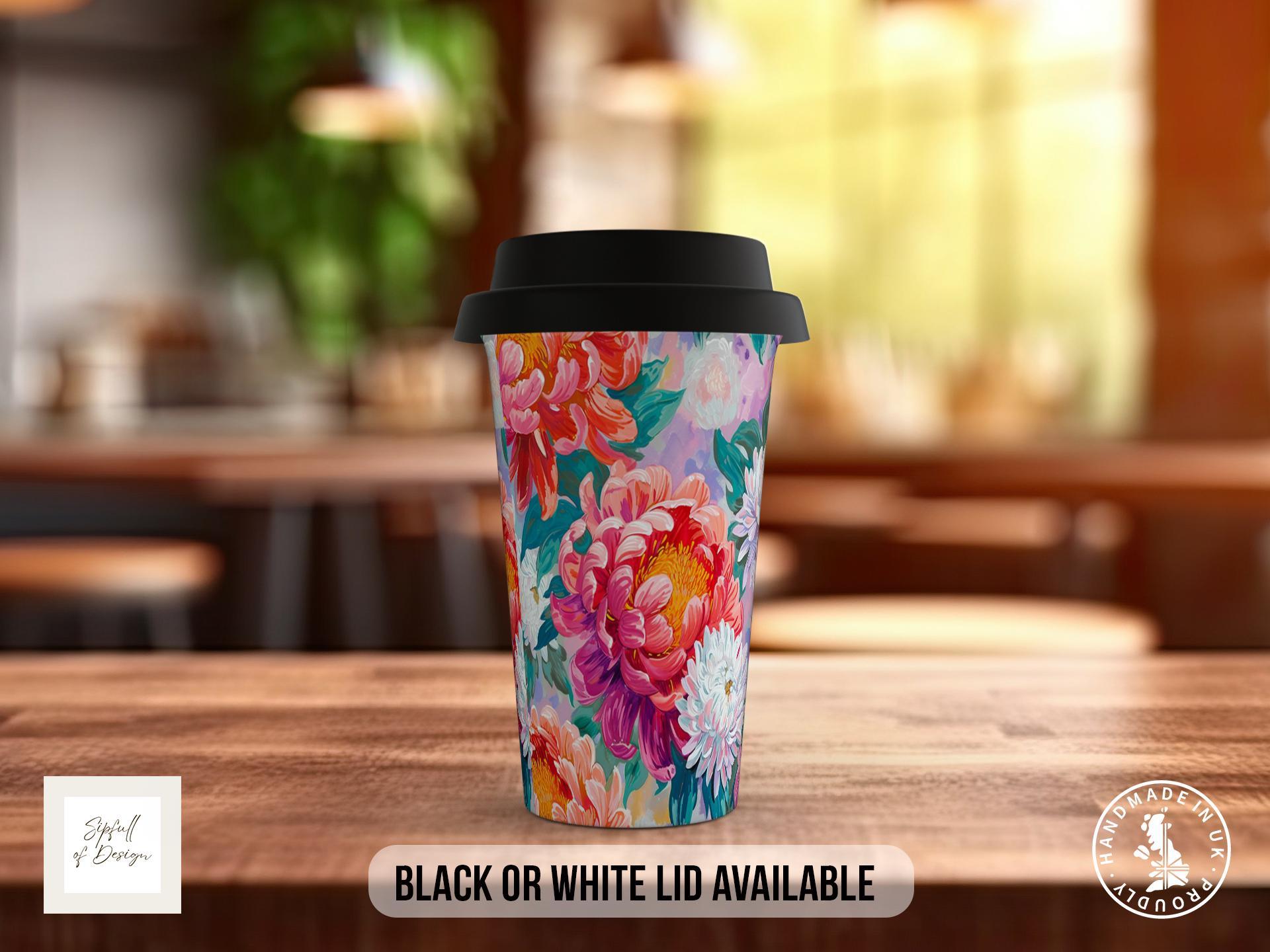 Birth Month Flowers Travel Mug - November Chrysanthemum - double insulated handmade coffee mug - Black or White Lid - Sipfull of Design