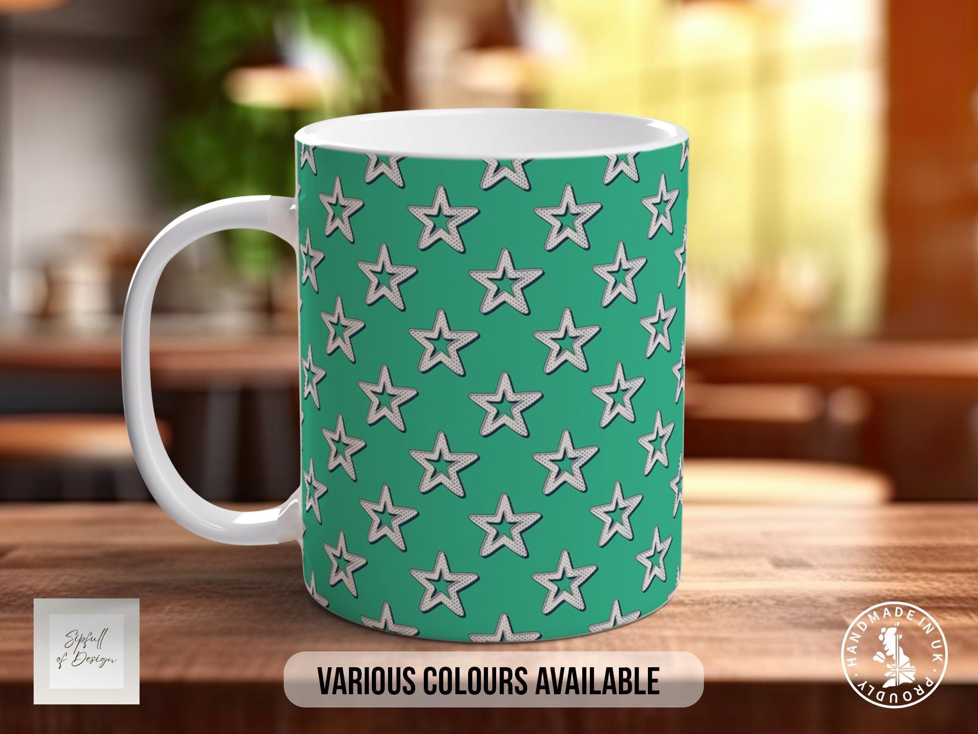 White on Green Retro Stars Pattern Full Wrap Coloured Art Mug - Design 9 - Sipfull of Design
