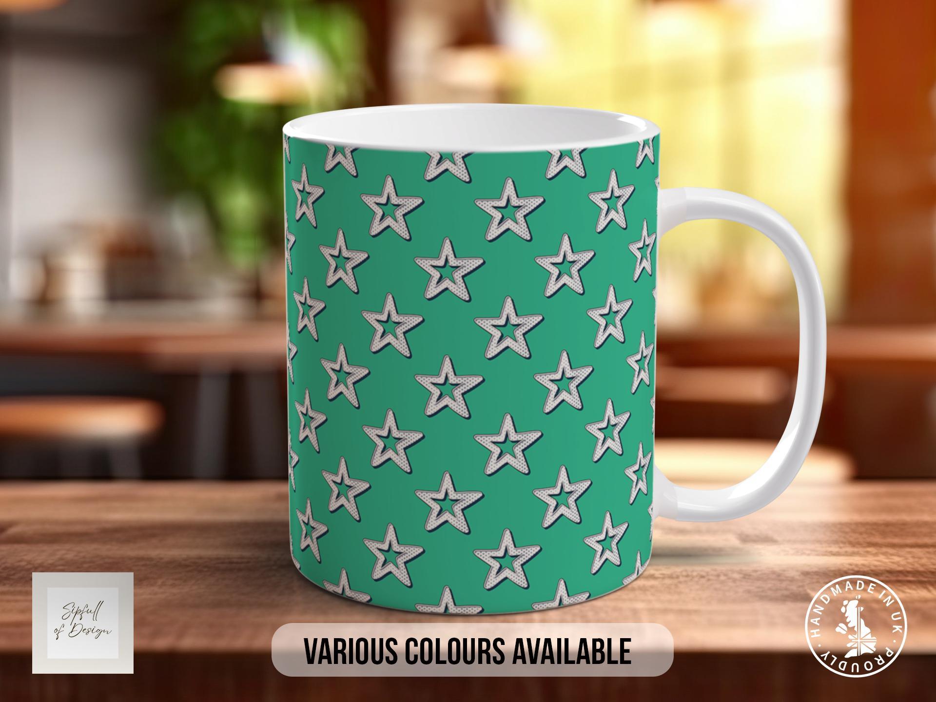 White on Green Retro Stars Pattern Full Wrap Coloured Art Mug - Design 9 - Sipfull of Design